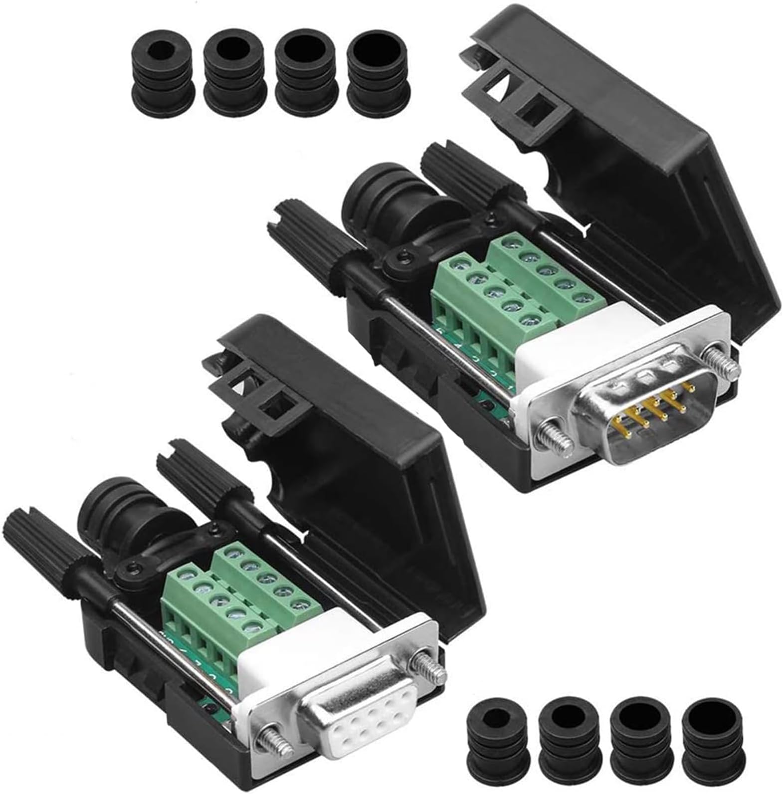 – 2PCS DB9 Solderless RS232 D-SUB Serial to 9-pin Port Terminal Adapter Connector Breakout Board with Case Long Bolts Tail Pipe (Male+Female)