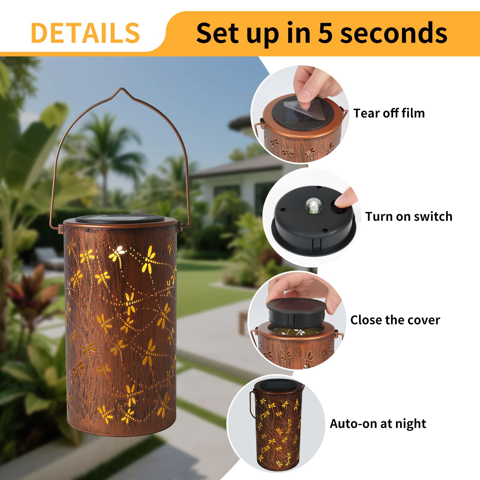 Linterna solar impermeable para exteriores, linterna solar colgante de metal con libélula, luces LED solares para jardín, patio, balcón, porche, decoración de regalos para mujeres, mamá, abuela, 1