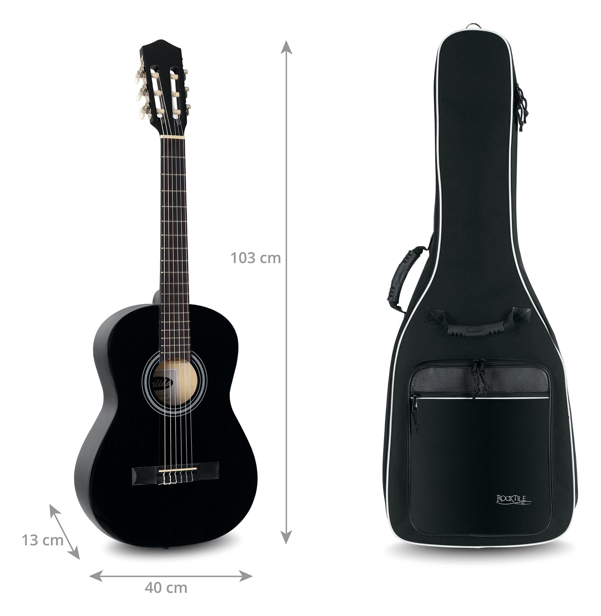 ROCKTILE Klassik-Gitarrentasche 4/4-Größe - wasserabweisender Gigbag mit weicher Polsterung und Fixierung im Halsbereich - Rucksack-Gurte - Große Aufsatztaschen für Noten und Zubehör - Schwarz