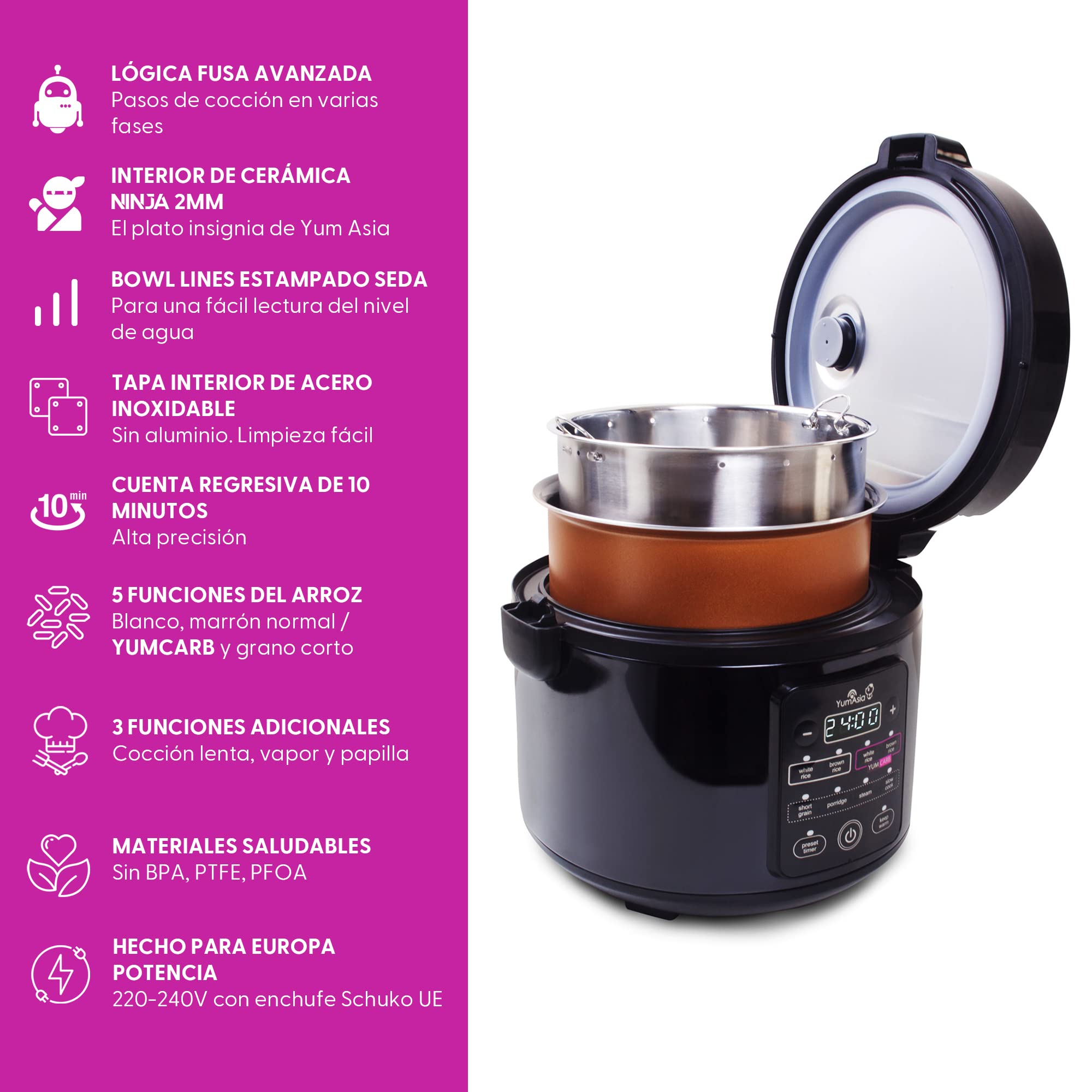 Yum Asia Kumo YumCarb Arrocera con cuenco de cerámica y lógica difusa avanzada, (5,5 tazas, 1 litro), 5 funciones de cocción de arroz, 3 funciones de multicocina, 220-240V