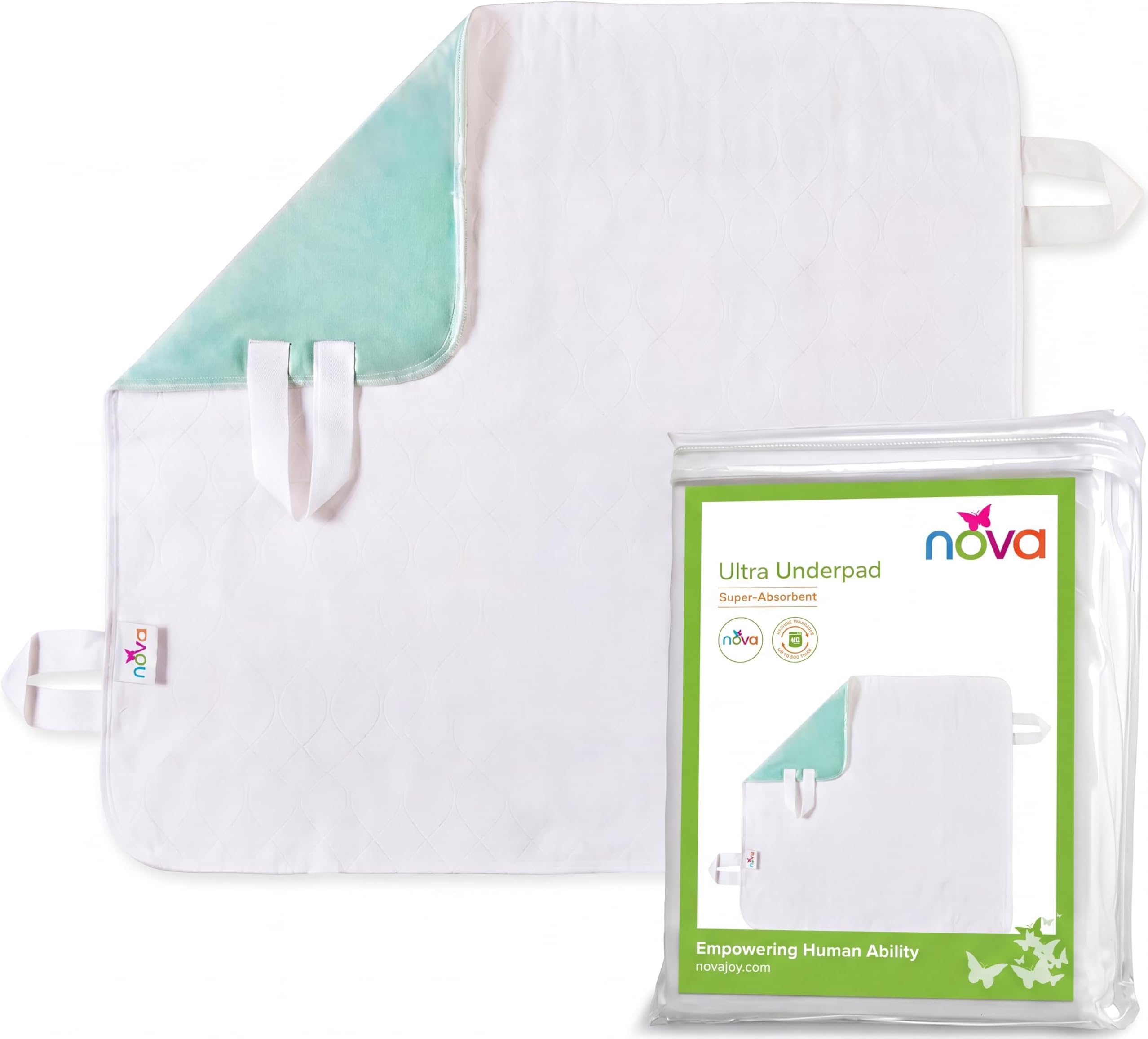 NOVA Waterproof Reusable Underpad with 4 Positioning Strap Handles, 100% Cotton Skin Soft Top Layer, Washable Incontinence Bed & Surface Overlay, Super Absorbent, 32” x 36”