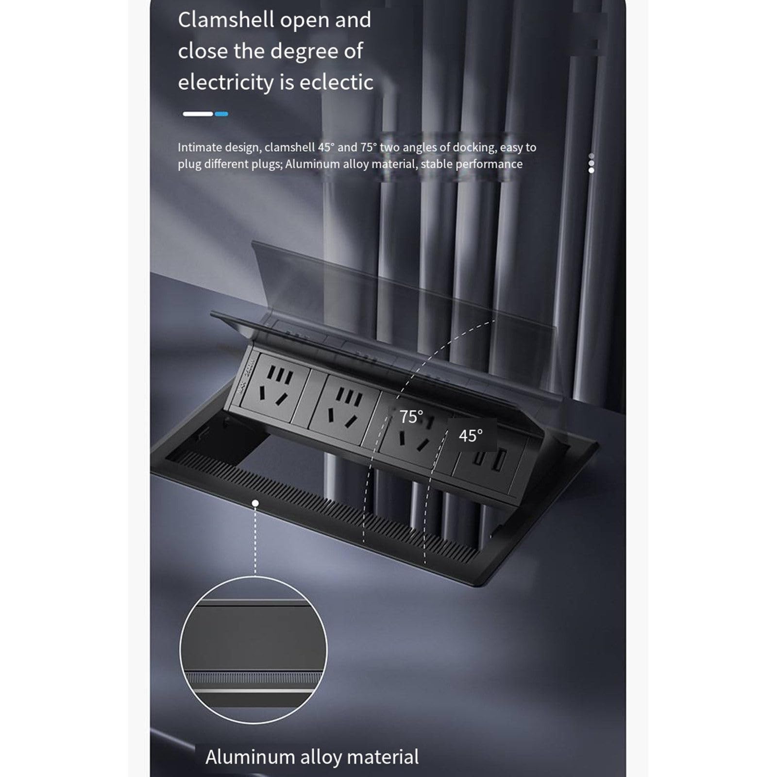 Biurkowe gniazdo zasilania z USB, aluminiowa wpuszczana listwa zasilająca 4 uniwersalne wtyczki, ukryte gniazda wysuwane do blatów kuchennych Biurko konferencyjne, kabel 1,8 m,Grey-B