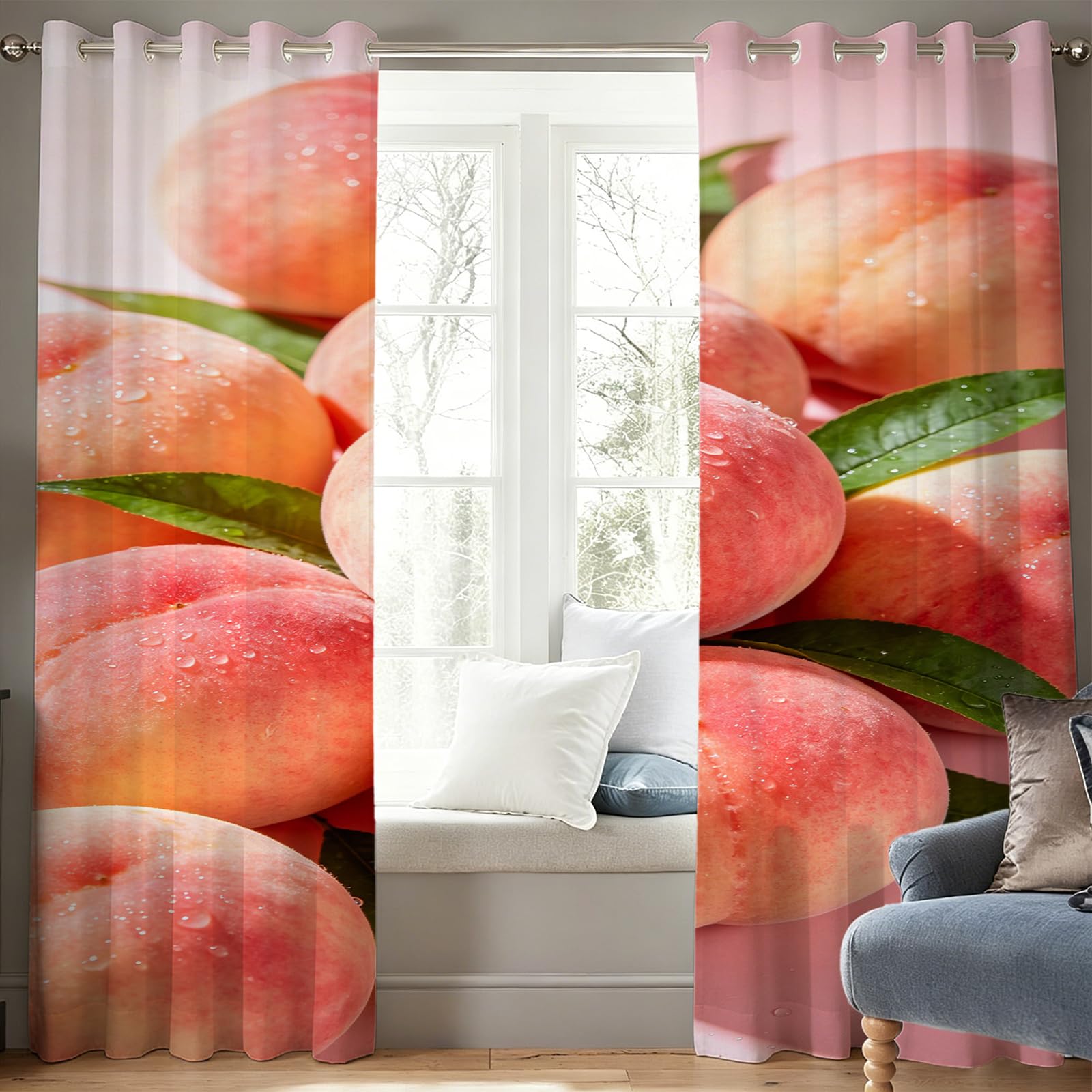 Tenda per Interno Moderne 2 Pezzi 3D Stampa Pesca Tende Oscuranti Termiche Isolanti Camera da Letto Frutti Rosa Tende Soggiorno con Occhielli L140 x A250 cm C.1449