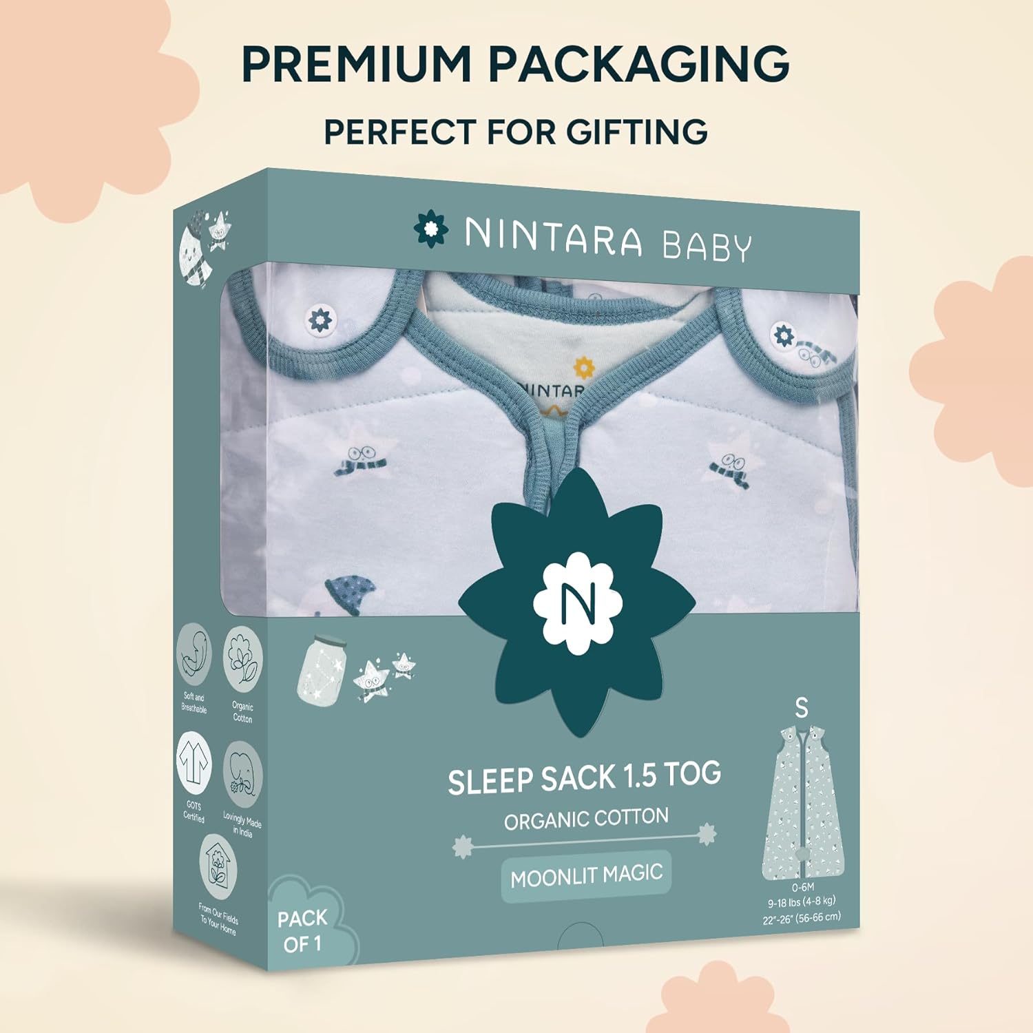 NINTARABABY 1.5 TOG Sleep Sack - Premium Organic Cotton, Soft, Breathable, Wearable Blanket for Newborns, Infants & Toddlers (0-6 Months), Unisex Baby Sleeping Bag, Gifts for Babies - Image 7