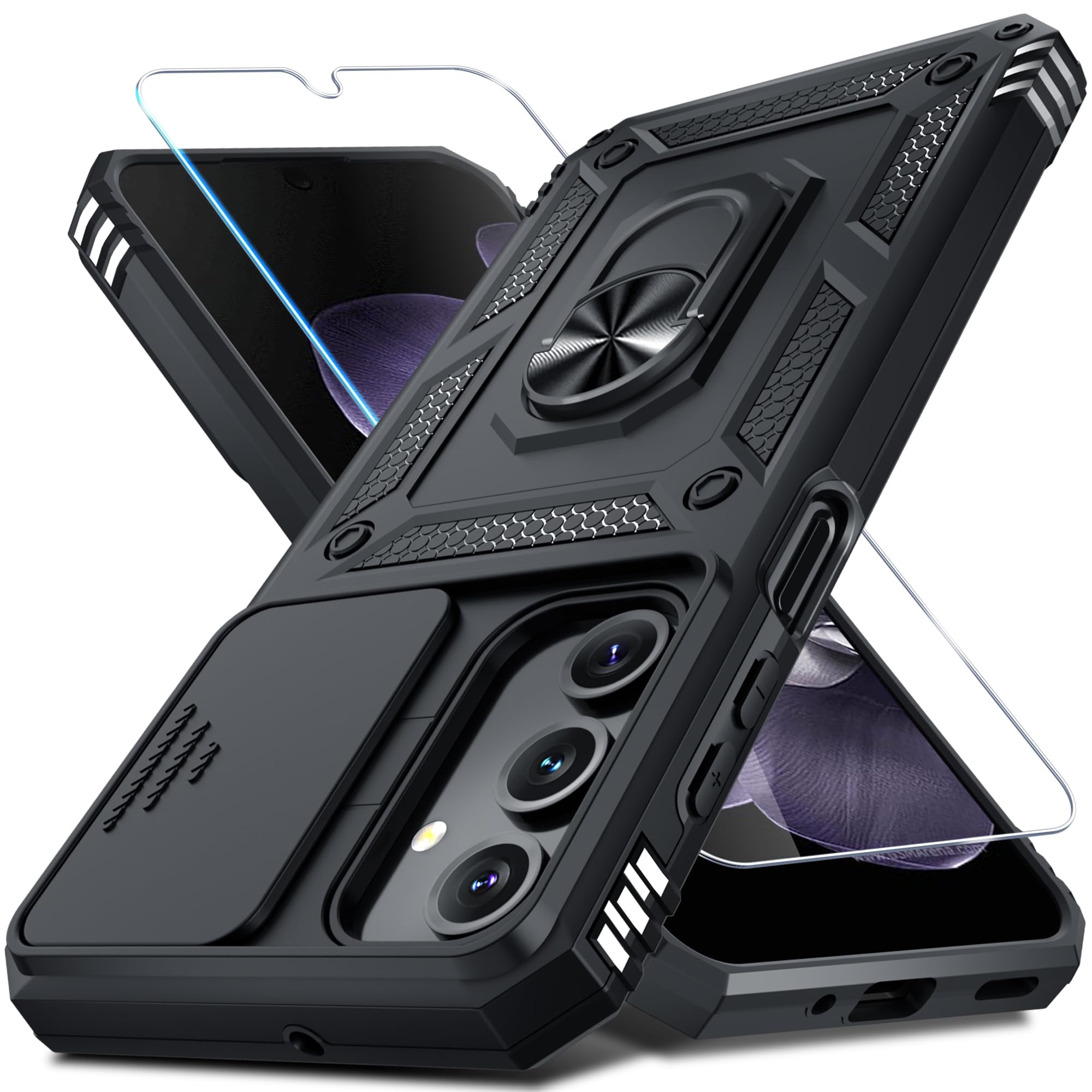 Compatible with Samsung Galaxy A16 5G/4G Case Built in Slide Camera Lens Cover+Screen Protector+Finger Ring Holder Kickstand,Heavy Duty Shockproof Full Body Phone Cover,2025 Black