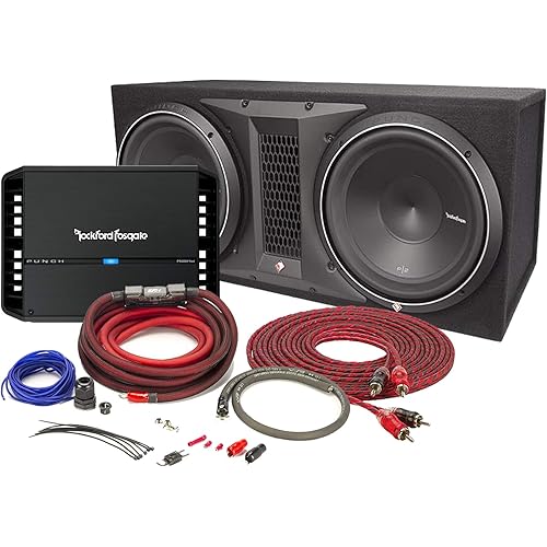 Rockford Fosgate Punch P500X1bd Mono sub Amplifier with P2-2X12 Two 12" Punch P2 subwoofers and 4 Gauge Amplifier Power Wiring Kit and RCA Wire Bundle