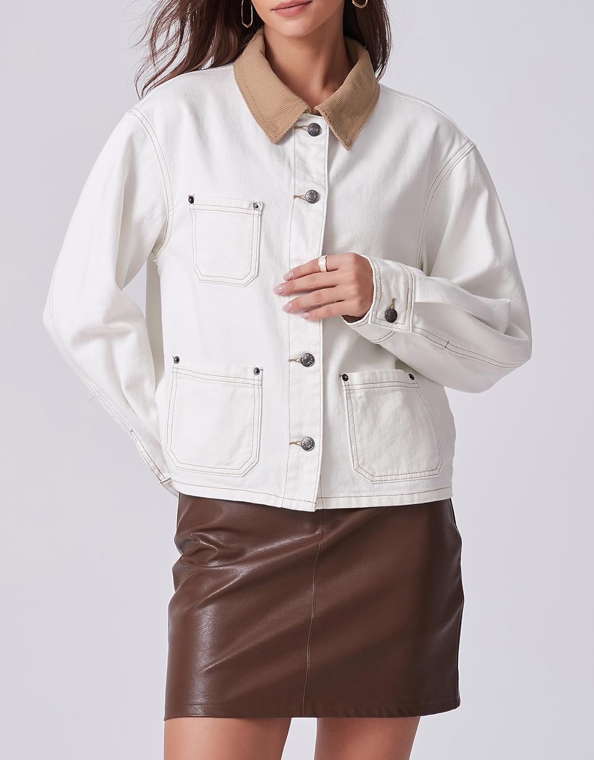 Kedera Women's Denim Jacket with Corduroy Collar Loose Fit Button Down Jean Shacket Vintage Classic Trendy Jean Jacket - Image 3