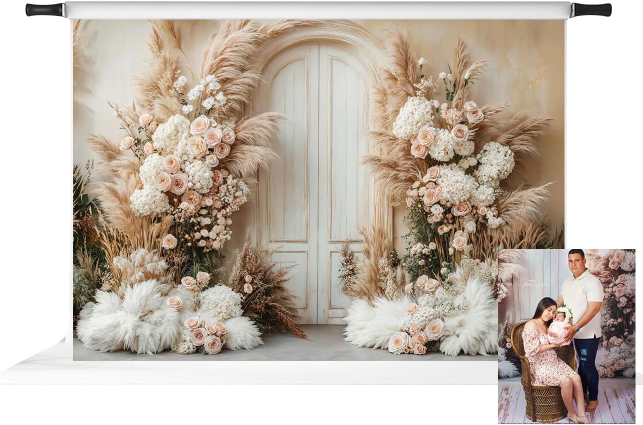Kate Boho Floral Pampas Backdrop for Photography Wood Door Wedding Decoration Background Photo Studio Props 7x5ft