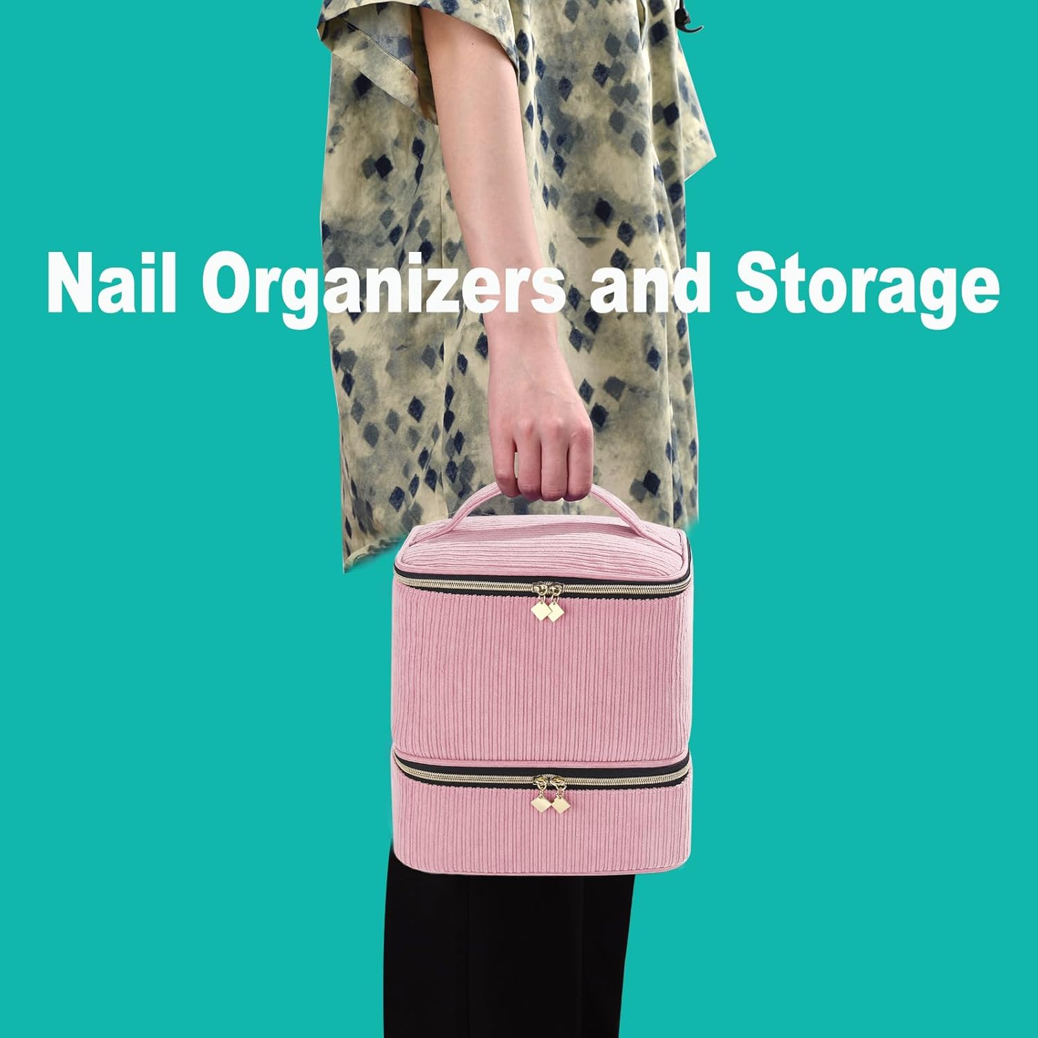 Corduroy Nail Polish Organizer and Nail Lamp Case, Nail Kit Organizer Holds 30 Bottles (15ml - 0.5 fl.oz) and a Nail Lamp, Nail Polish Carrying Case with Manicure Tools Storage Sections (Pink)