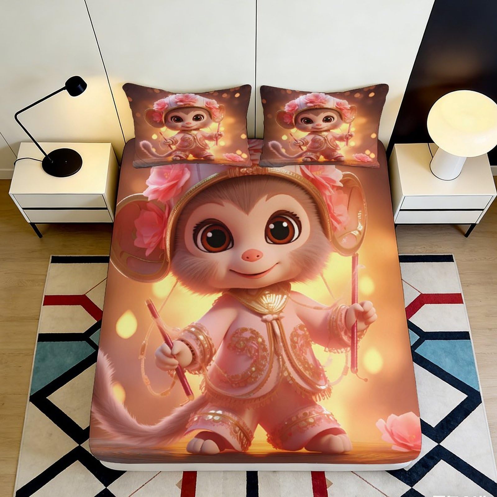 Pnayamiorkfel Style-4 3D Printed Cute Monkey Fitted Sheet Microfiber Soft Peach Blossom Bed Cover For Bedroom Guest Room Dorm Decor 90X200x25cm