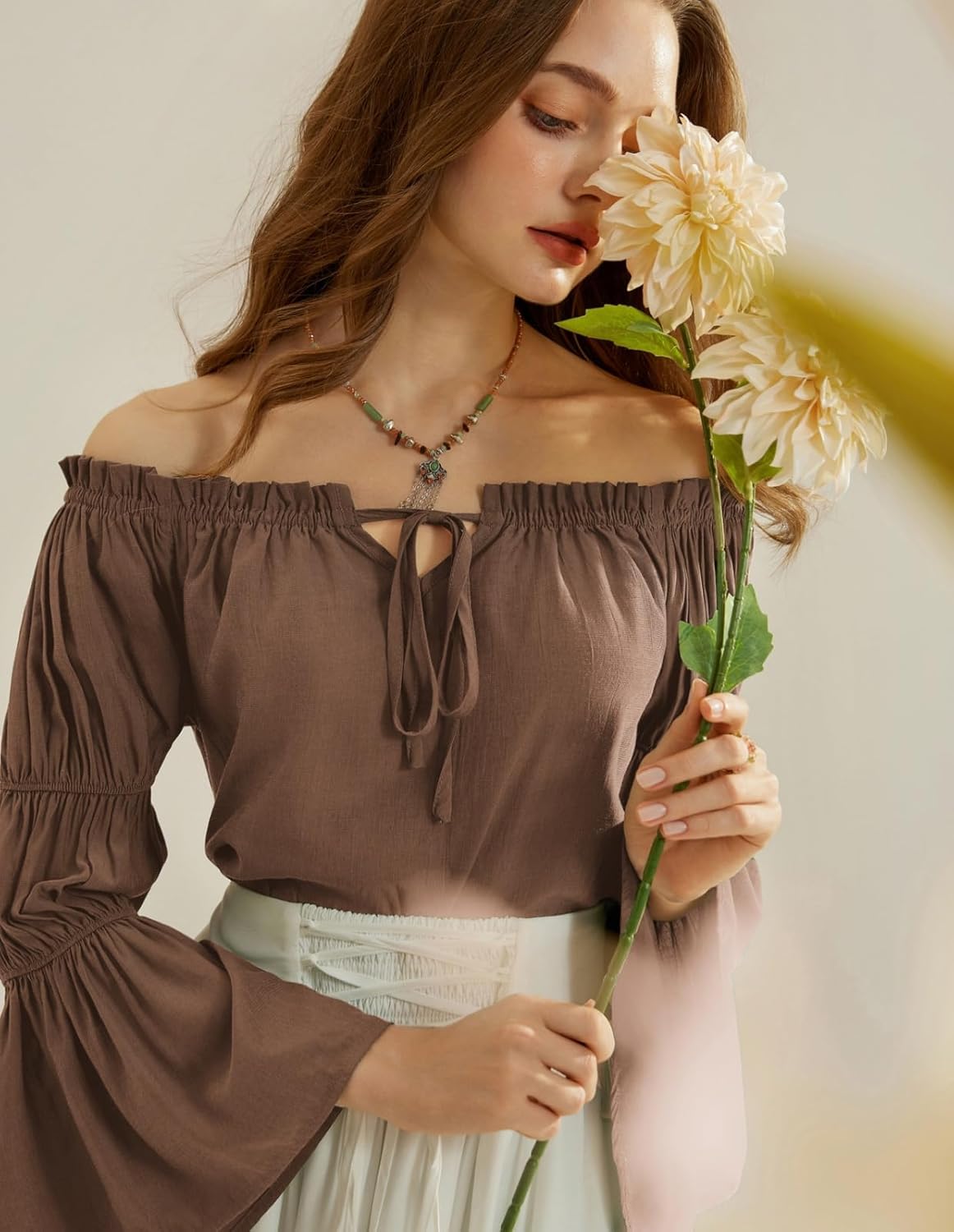 Scarlet Darkness Women Renaissance Shirt Off Shoulder Bell Sleeve Ruffle Casual Loose Peasant Tops