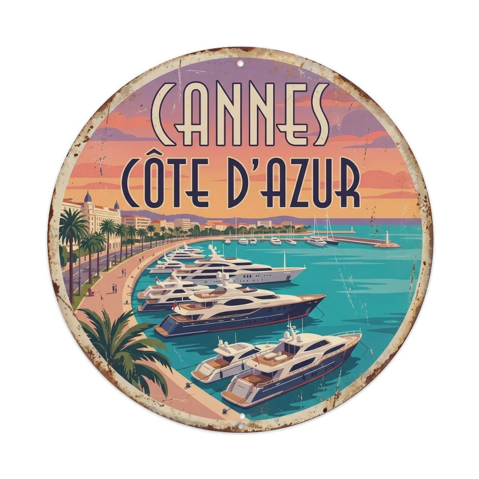 Vintage Travel Cannes Harbor Mediterranean Metal Tin Sign