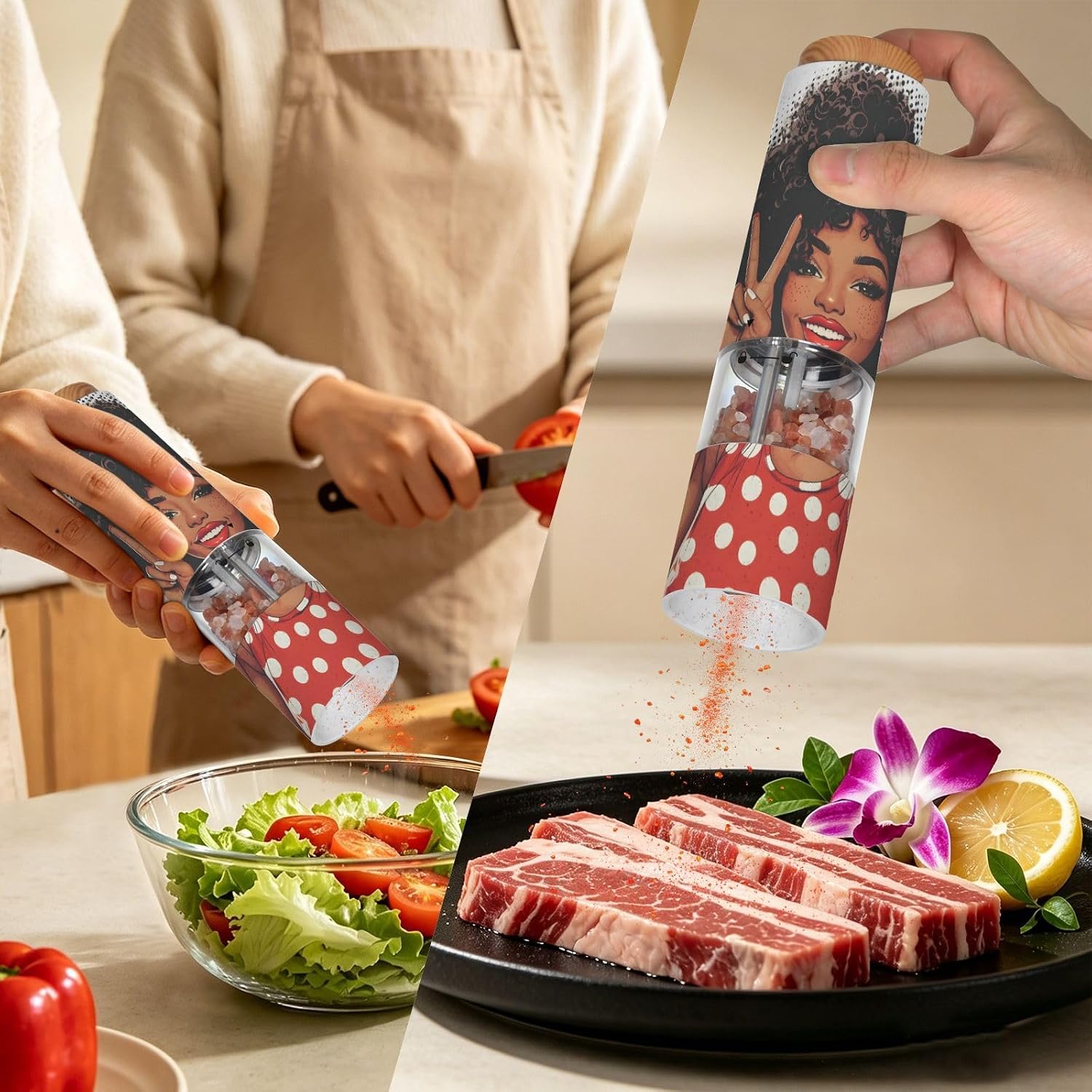 ALAZA Electric Pepper Grinder with Adjustable Coarseness, Black Girl Dots Tops Battery Automatic Salt and Pepper Mill with Led, One-Handed Operation Spice Grinder for Kitchen, Camping & BBQ