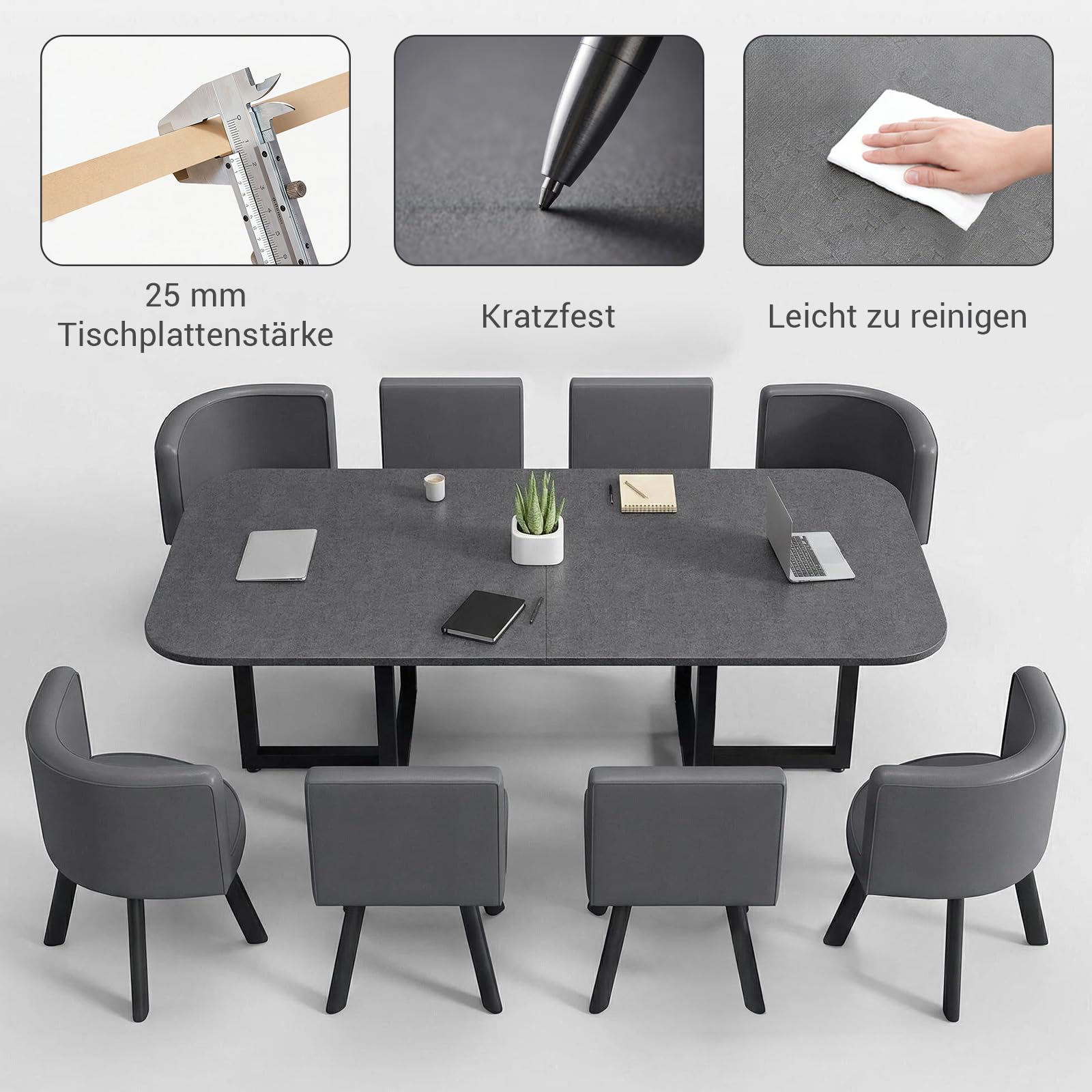 Konferenztisch 180x90cm, Moderner Besprechungstisch mit Metallrahmen und 8 Stühle, Rechteckiger Meetingtisch für 6–8 Personen für Büro, Konferenzraum, Seminarraum, Esszimmer (Grau)