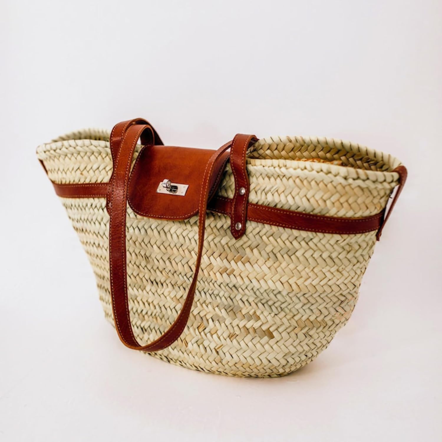 Handwoven French Basket with Leather Straps - Perfect for Summer Picnic, Beach Trips, or Outdoor Storage, Palm Leaf Tote for Elegant Women (Brown Leather Straps)