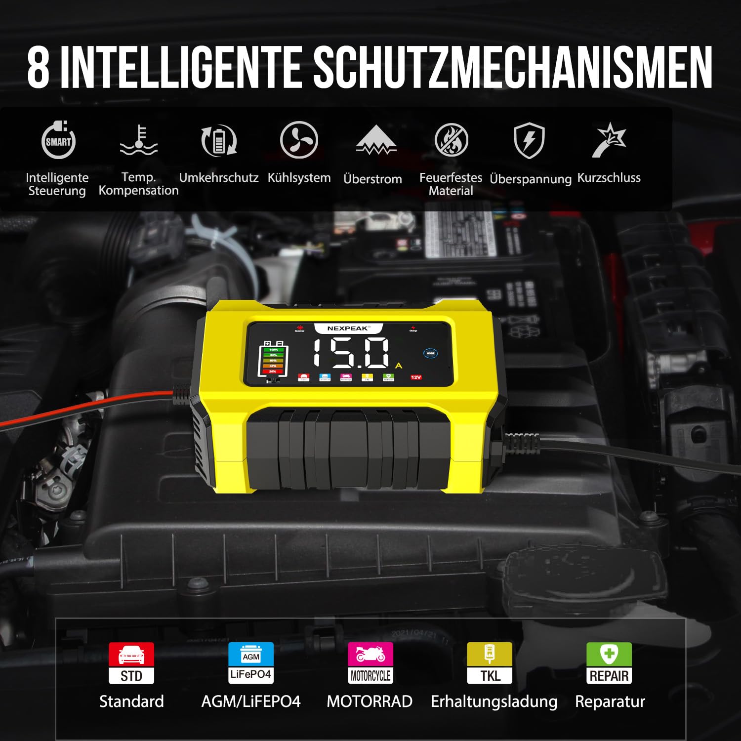 NEXPEAK NC215 15A Autobatterie Ladegerät, 12V 24V LiFePO4 Blei-Säure Tragbares Autobatterieladegerät 9-stufiges Intelligentes Batterieladegerät für Auto, LKW, Motorrad, Rasenmäher, Boot, Marine