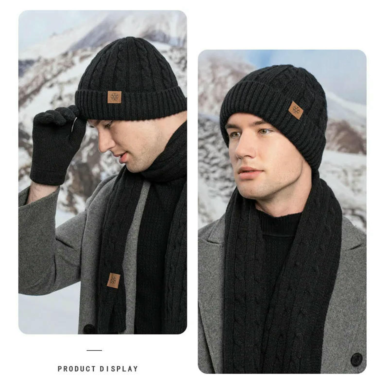 Mütze,Schal & Handschuh-Sets 3pcs Winter Gestrickte Hut Schal Und Handschuhe DREI-stück Set Frauen Kälte-Beweis Warme Für Männer-schwarz