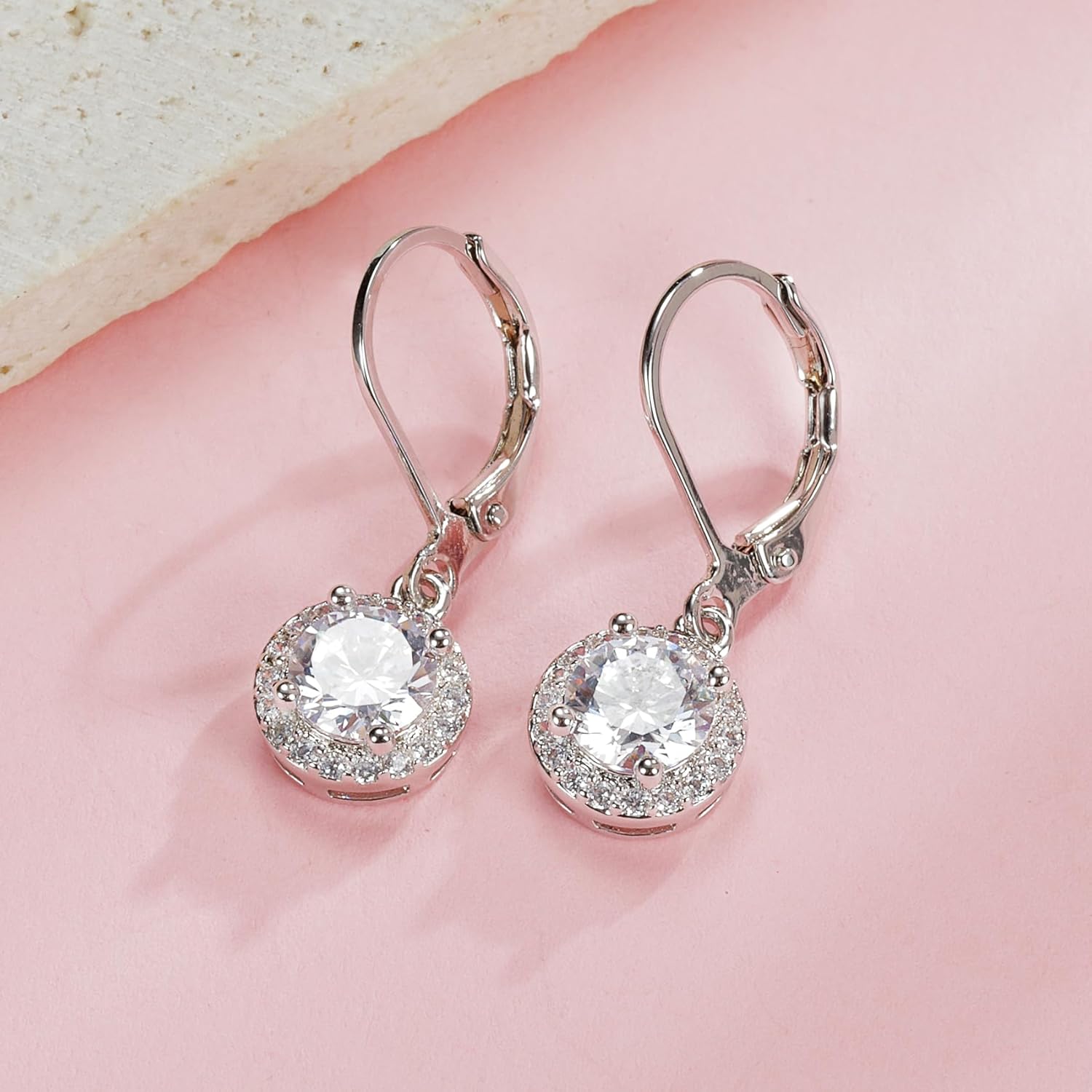 2-4 Pairs Dangle Earrings Set White Gold Plated Round Square Heart Cut Clear Cubic Zirconia Halo Drop Earrings for Women - Image 2