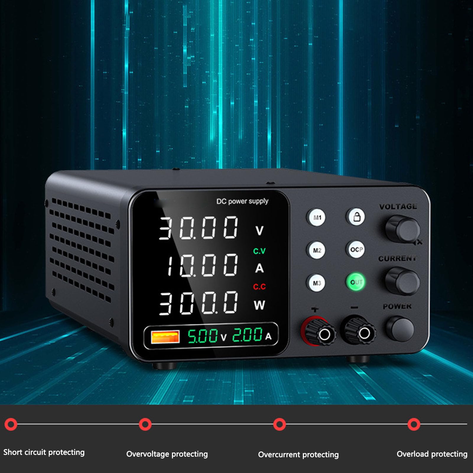 FTVOGUE Ajustable DC Fuente de Alimentación 0-30V 0-5A Banco Variable Fuentes de Alimentación con Encoder Sin Escalonamientos 18W USB Un Puerto de Carga (Enchufe UE 230V)