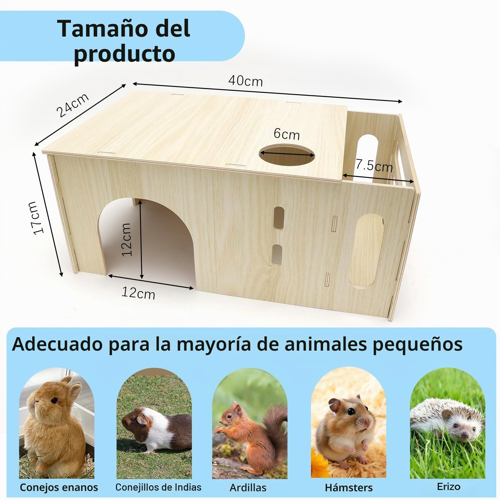 3 en 1 Comedero para cobayas, Accesorios de Madera con comedero, portabotellas y casita de Juegos, 40 x 17 x 24 cm, para Animales pequeños como Conejos Enanos, hámsteres, Ardillas y erizos