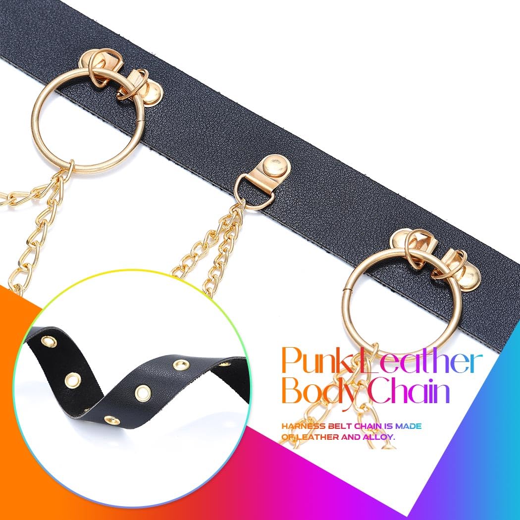 Black Leather Waist Chain Belt Gold Body Chain Punk Rave Accessories Fashion Body Jewelry for Women