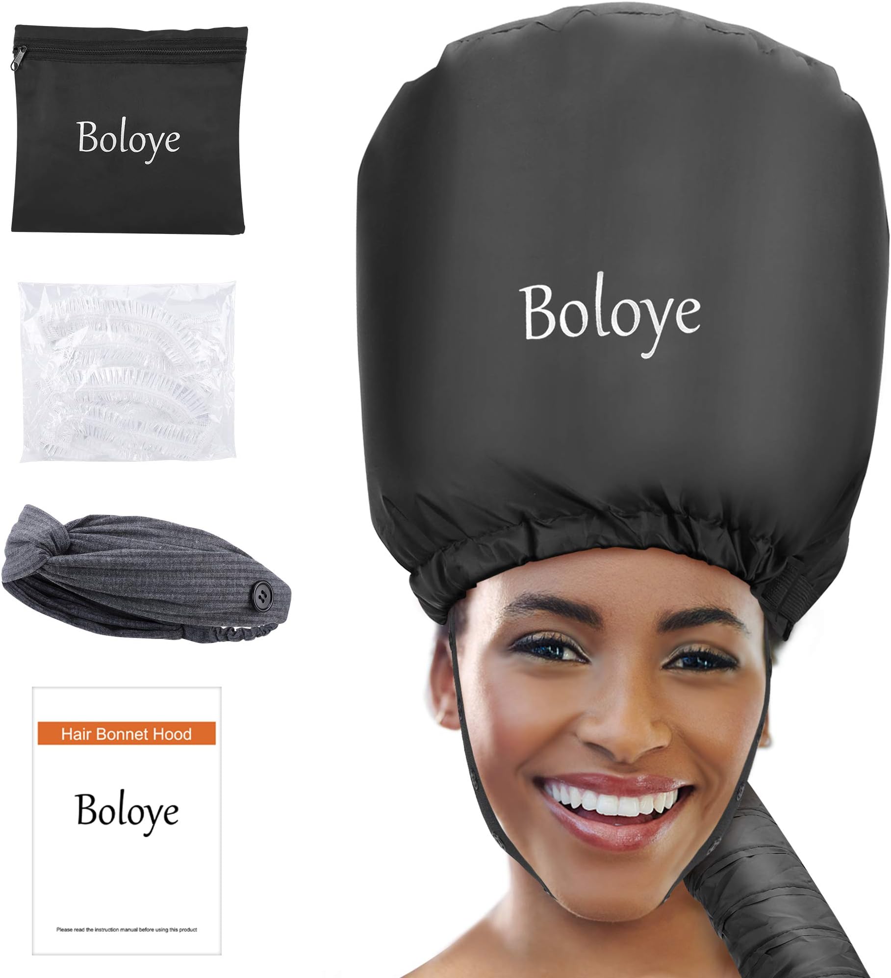 Boloye Hair Dryer Bonnet Attachment – 28.5" XL Hooded Dryer Cap for Faster Drying & Deep Conditioning, Extra-Large Space Fits Thick, Curly Hair & Styling Tools (Black, Universal)
