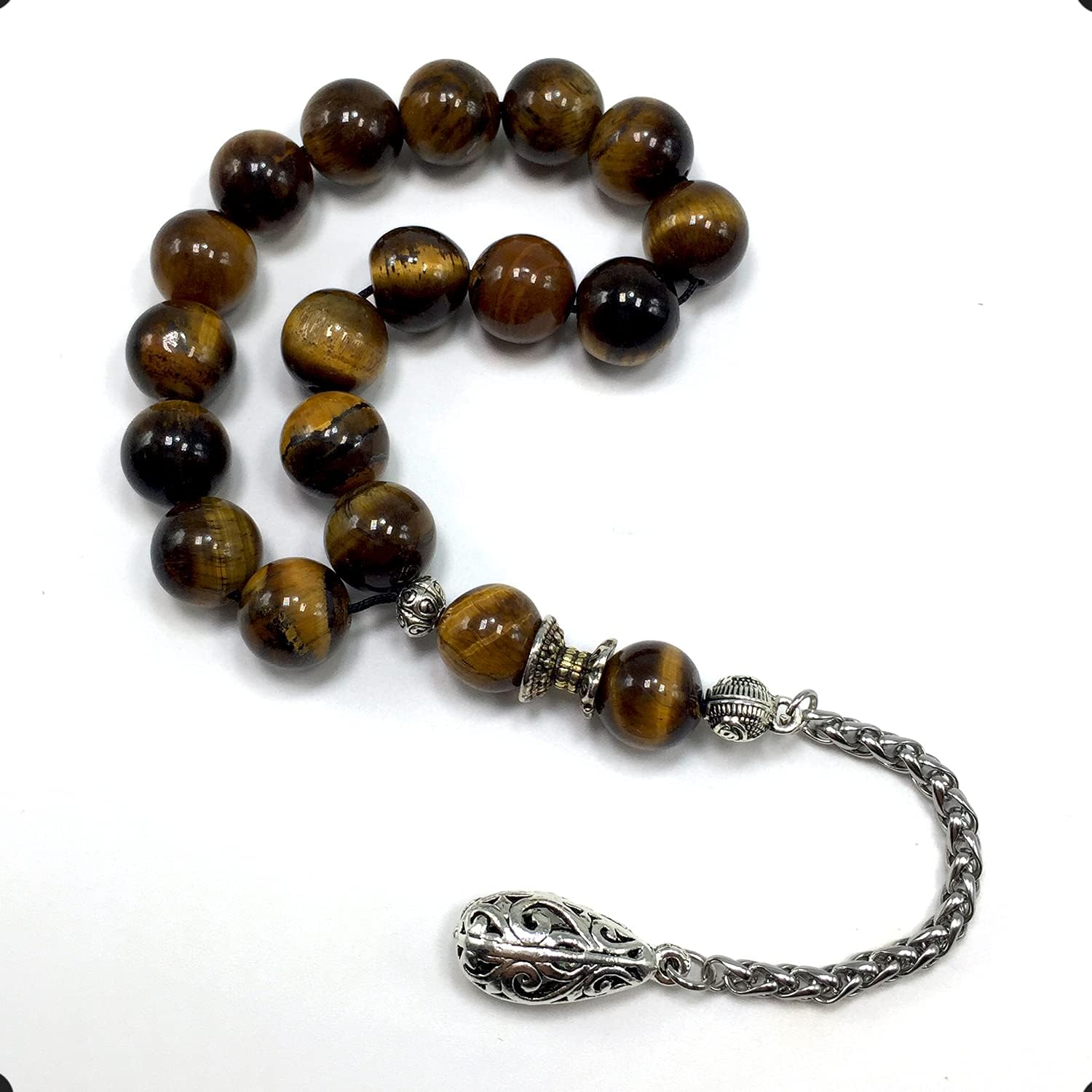 Relaxing Stress Relief Big Prayer Beads, Worry Beads, EFE Tesbih, Maskot Tesbih, Tasbih, Rosary (Tiger Eye Natural Stone - 12 mm- 17 Beads)