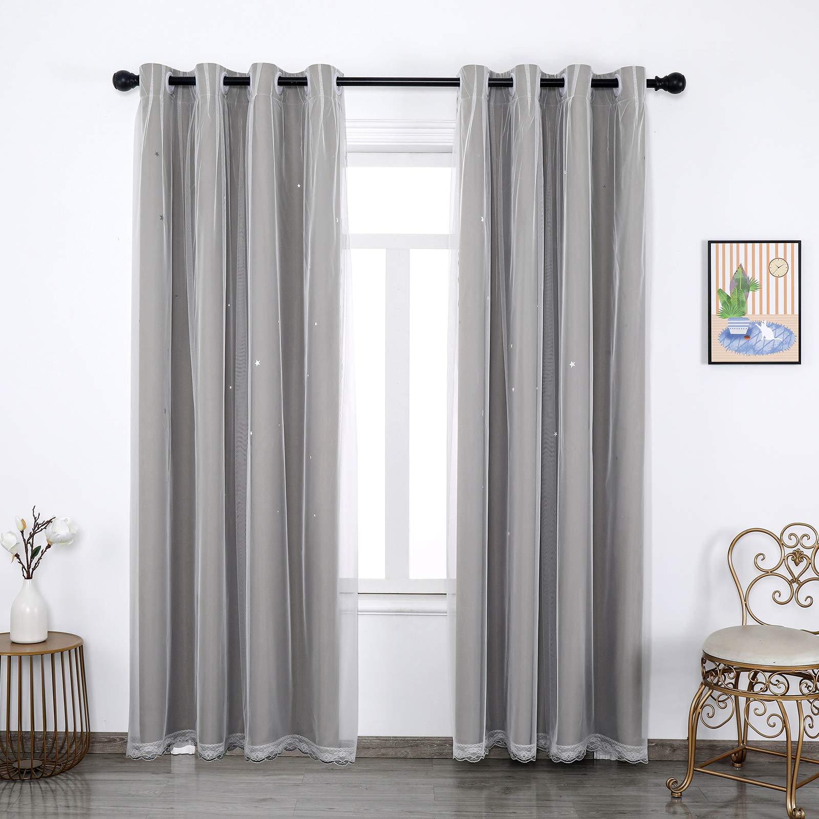 Cortinas infantiles con diseño de estrellas, para dormitorio, sala de estar, diseño de estrellas, con rayas de arco iris, cortina opaca de doble capa, 2 paneles