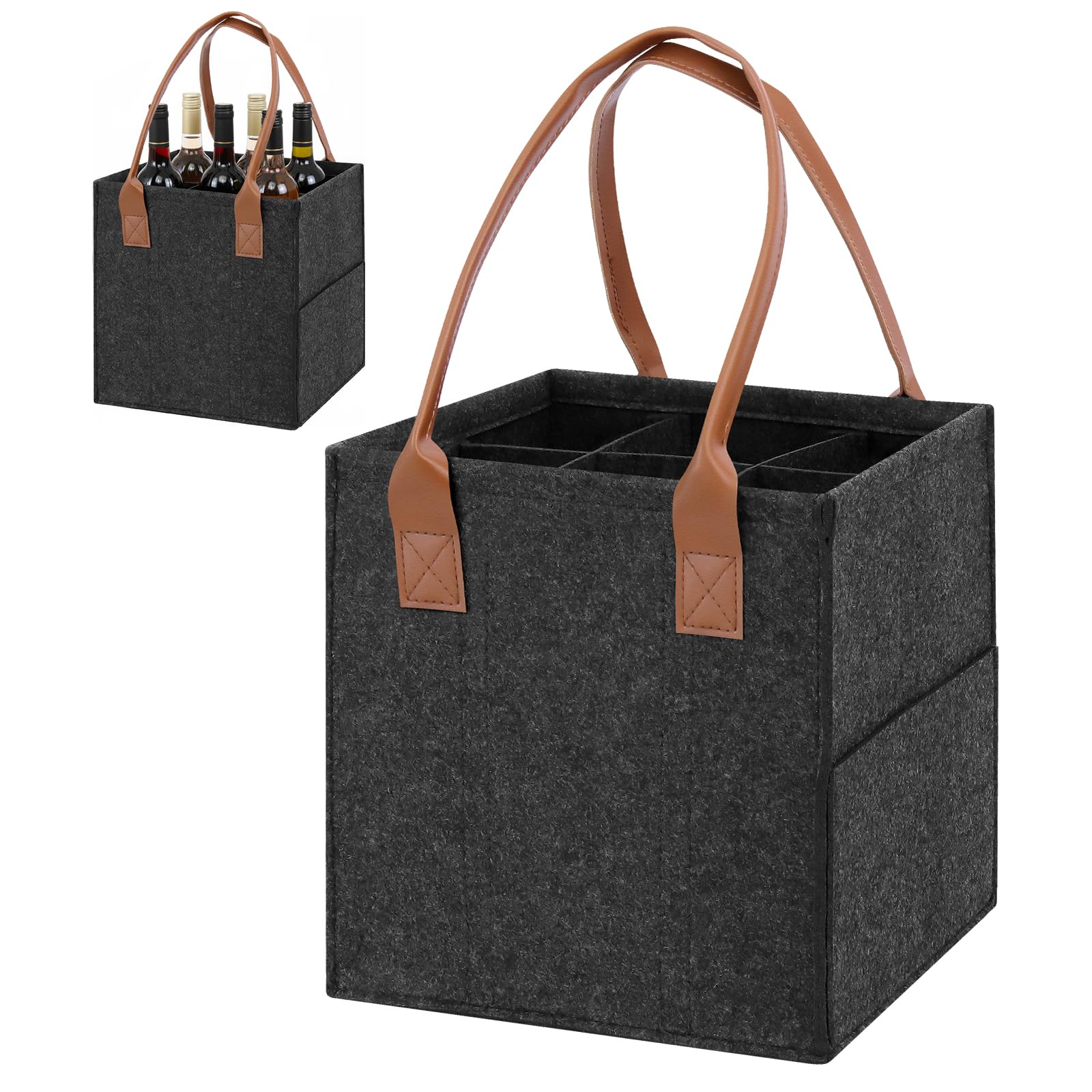 Mittimiya Große Kapazität Flaschenträger 6 Flaschen, Flaschentasche aus Filz mit Ledergriff, Faltbare Männerhandtasche Bier für Weinflasche, Getränkeflaschen, Wasserflaschen(28 x 19 x 27cm)