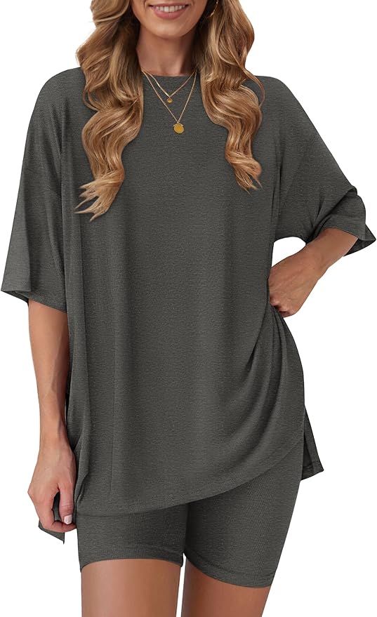 RUBZOOF Women'S 2 Piece Lounge Sets 2026 Casual Summer Airport Travel Outfits Oversized Shirts Biker Shorts Matching Clothing
