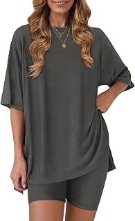 RUBZOOF Women's 2 Piece Lounge Sets 2026 Casual Summer Airport Travel Outfits Oversized Shirts Biker Shorts Matching Clothing