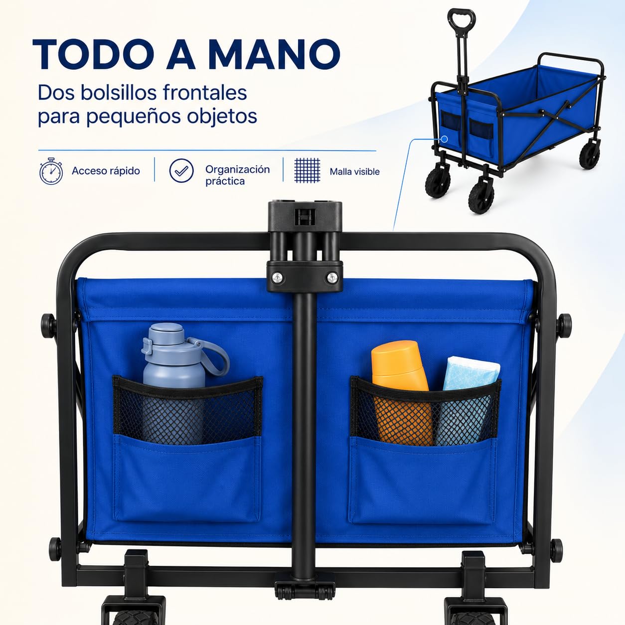 Carro Plegable con 4 Ruedas, Carrito de Transporte con Asa Telescópica y 2 Bolsillos Frontales, Carro para Playa, Camping, Picnic y Compras, Azul