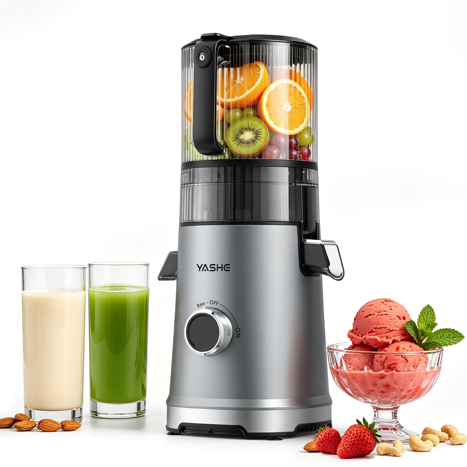 YASHE Estrattore di Succo a Freddo 600W, Bocca Extra Large 152 mm per Frutta e Verdura Intera, 3-in-1 per Succo, Sorbet e Latte Vegetale, Funzione Inversa, Senza BPA, Lavabile in Lavastoviglie
