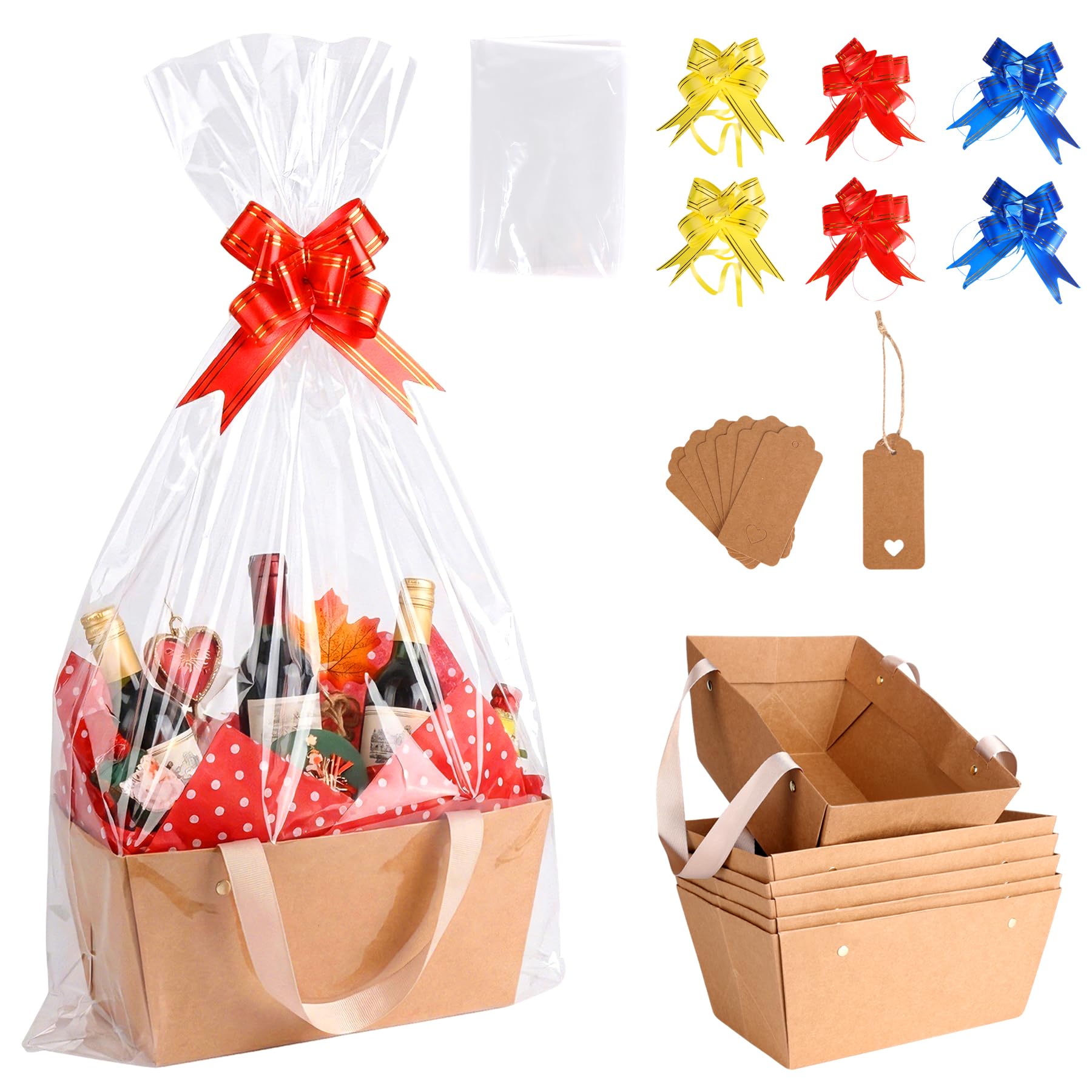 6 Set Gift Basket Hamper Kit, Empty Kraft Hamper Basket with Cellophane Bags, Pull Bows, Tags and Greeting Cards, Create Your Own Gift Baskets for Birthday Baby Shower Wedding