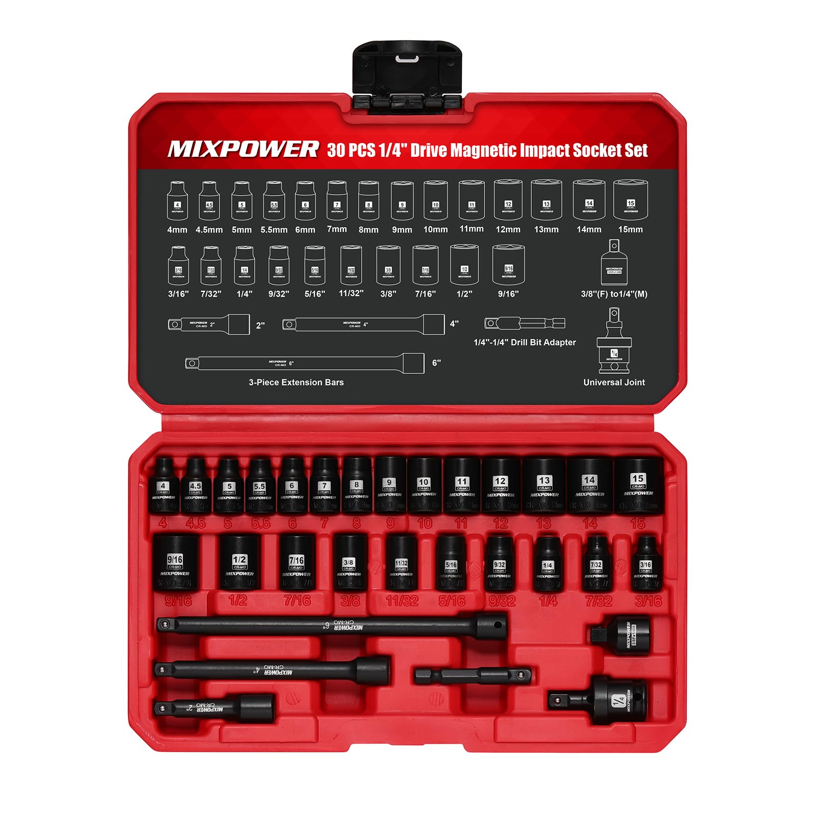 MIXPOWER Set di 30 bussole magnetiche poco profonde da 1/4", metriche/SAE, a 6 punti, CR-MO, con adattatore per bussola, giunto universale, prolunga e adattatore per punte da trapano