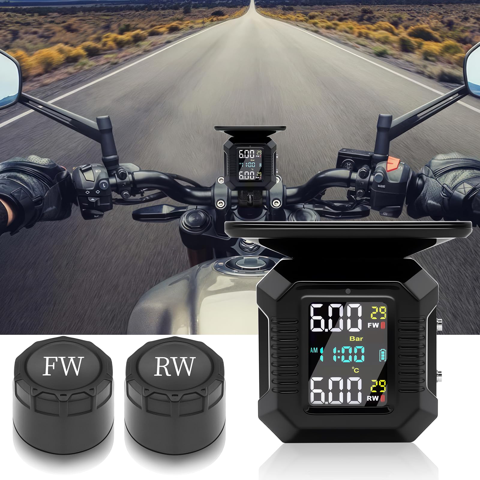 KAOLALI Sistema di Controllo della Pressione dei Pneumatici Moto TPMS Wireless Moto Ricarica Solare/USB TPMS per Moto con Display LCD 2 sensori Esterni Impermeabili