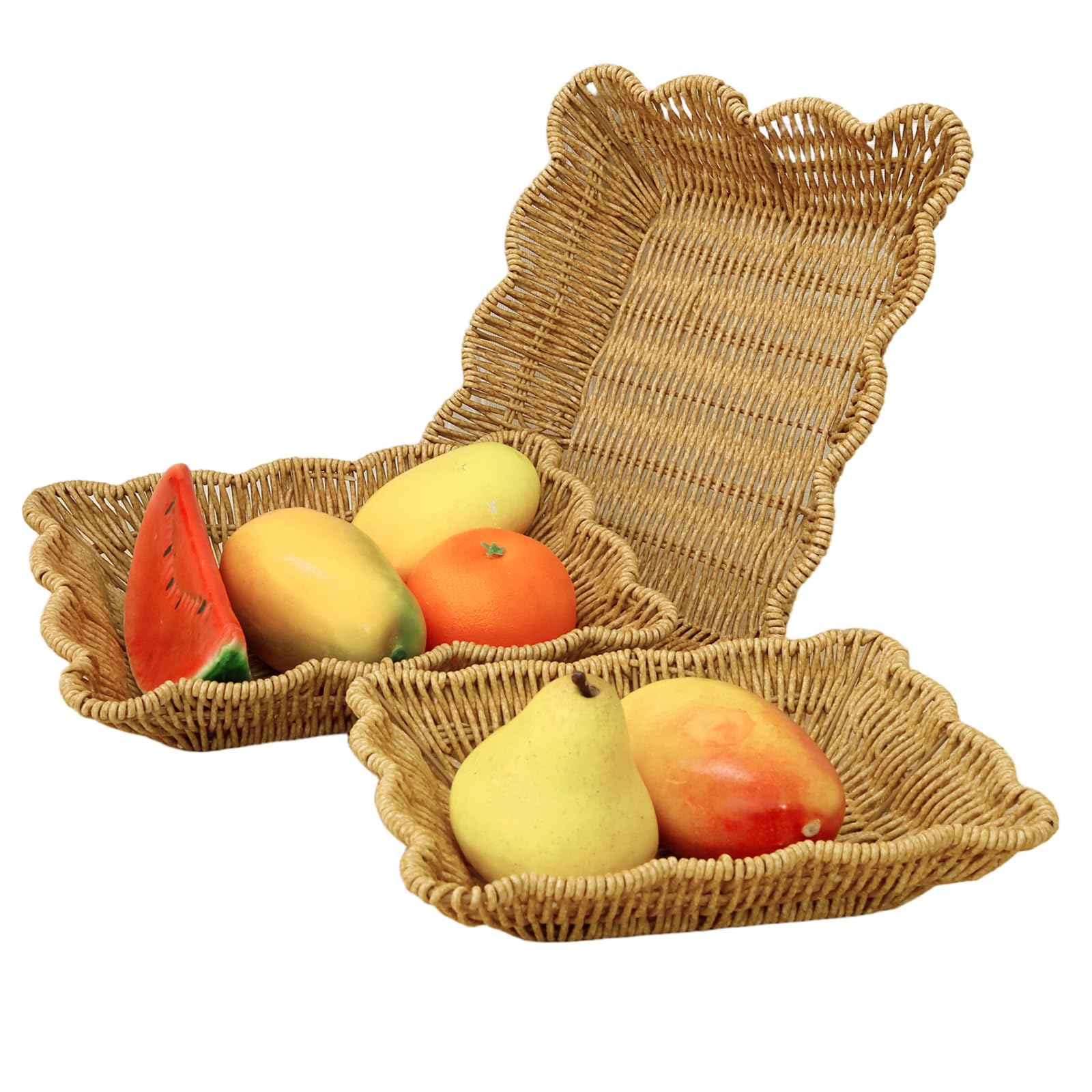 NZWBSHSSP 3 Pack Bread Baskets Poly Wicker Woven Fruit Baskets Rectangular Tabletop Imitation Rattan Serving Basket Trays for Fruits Vegetables Snacks Home Living Room Kitchen Dining Room Decor