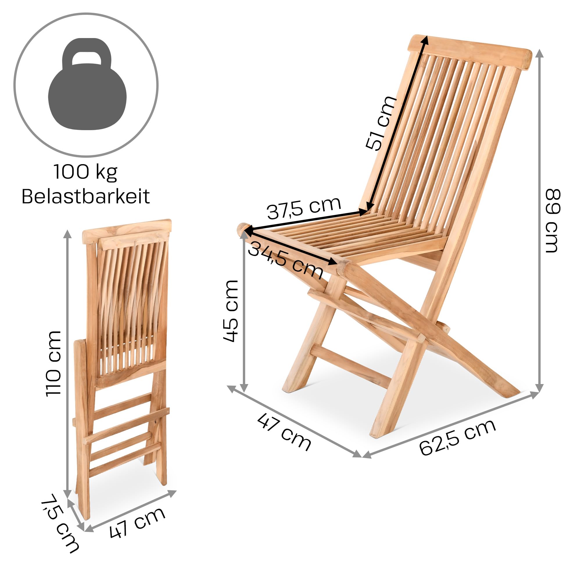 Raburg Anja Gartenstuhl, 2er-Set, Teakholz, klappbar, Natur, Outdoor | wetterfest, pflegeleicht, für Garten, Balkon und Terrasse
