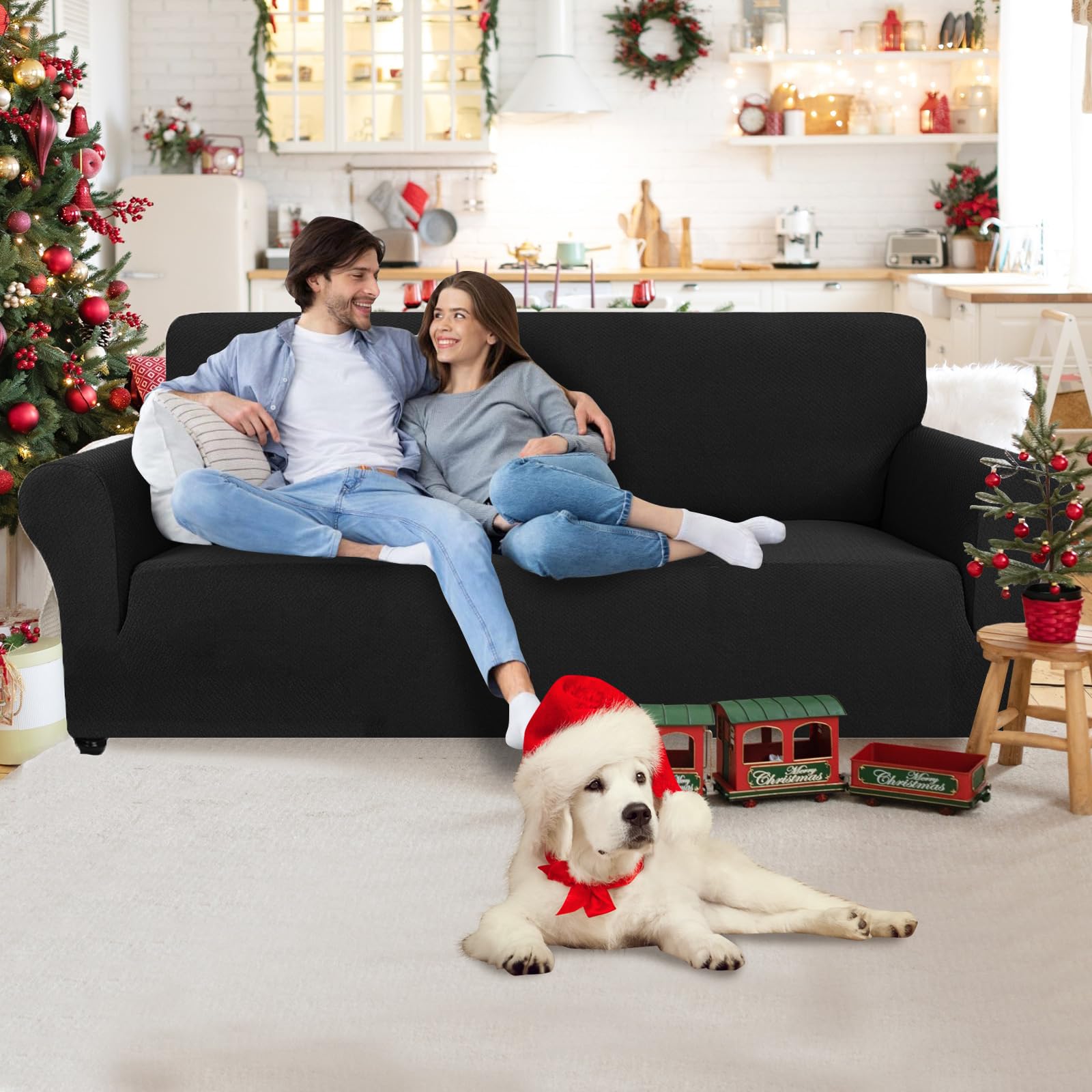 CYCMACO Copridivano 2 Posti Con Braccioli, Copridivani Elasticizzato Antiscivolo, Universale Moderno Copri Divano Antigraffio, Sofa Cover Antimacchia, Lavabile In Lavatrice, Nero