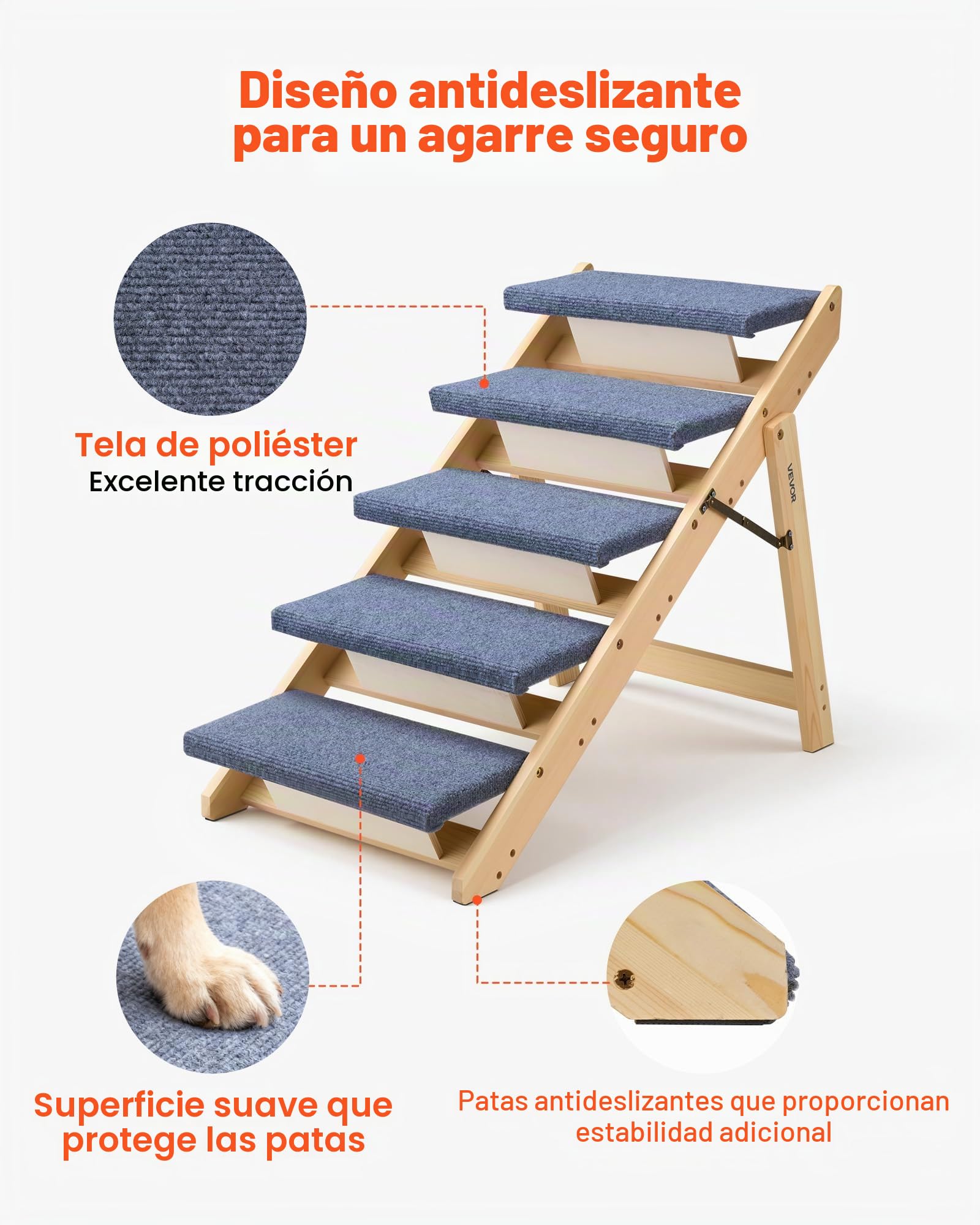 VEVOR Escalera de Madera para Mascotas, 5 Peldaños para Camas, Sofás y Coches, Carga de 68 kg, Diseño Plano y Plegable, Estable y Resistente, para Perros y Gatos Pequeños, Medianos y Grandes