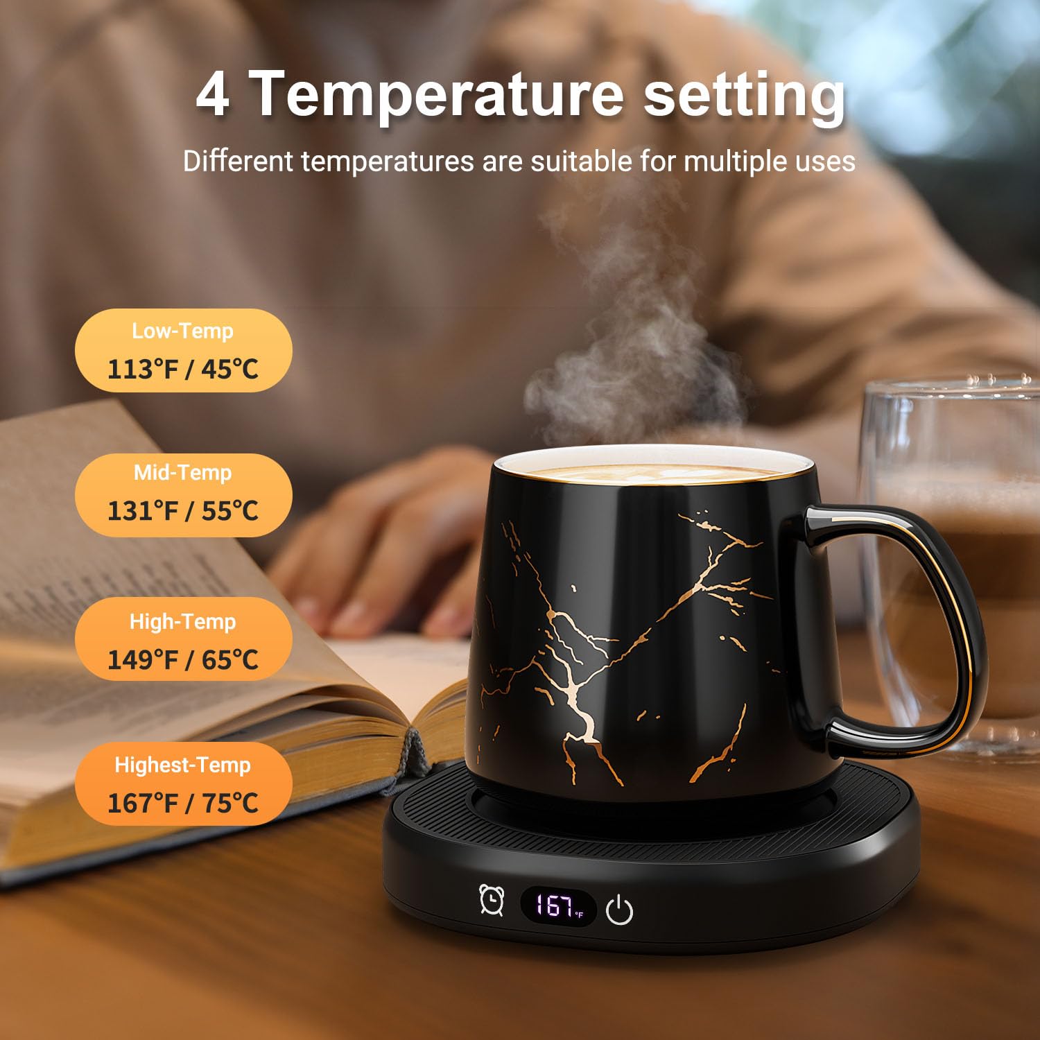 Juego de calentador de tazas de café y You are Awesome Mug Set, calentador eléctrico con apagado automático, 4 ajustes de temperatura, apagado automático de 8 horas (taza de mármol de lujo) 5