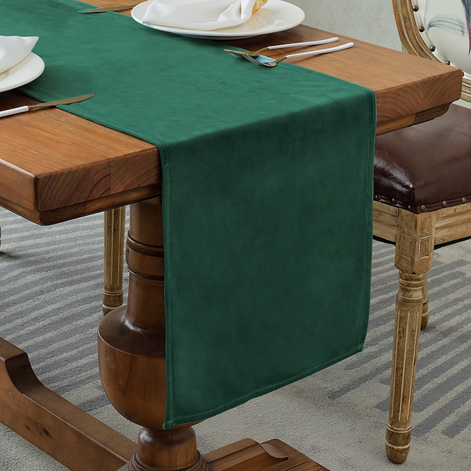 Yicorgard Velvet Table Runner Rustic Style,Linen Farmhouse Table Runner for Dining Room Kitchen Party Dresser Décor,14x120 Inches,Dark Green — image 1