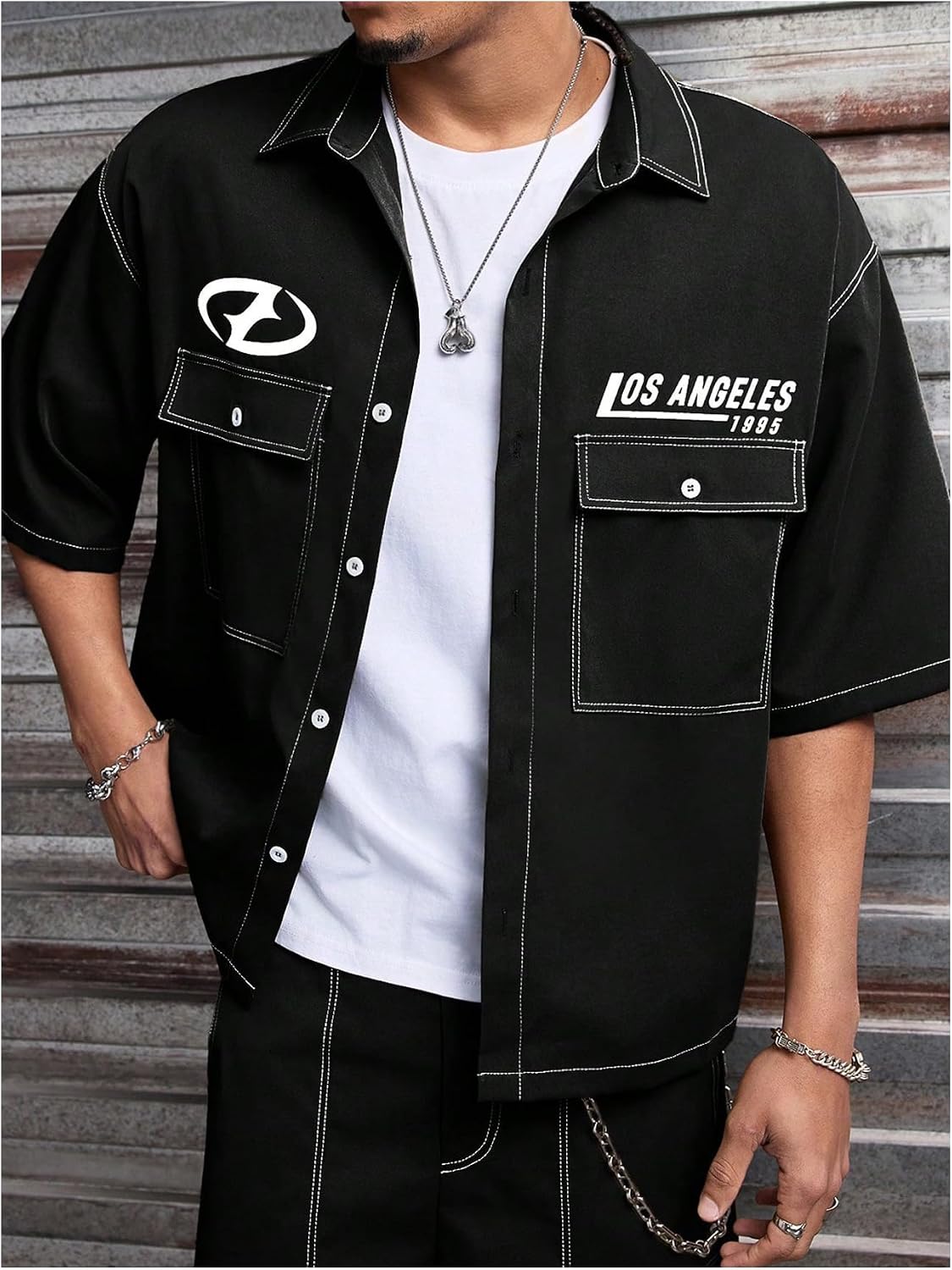 GORGLITTER Men's Baggy Track Suits Stitch Shirt Cargo Shorts Streetwear Set