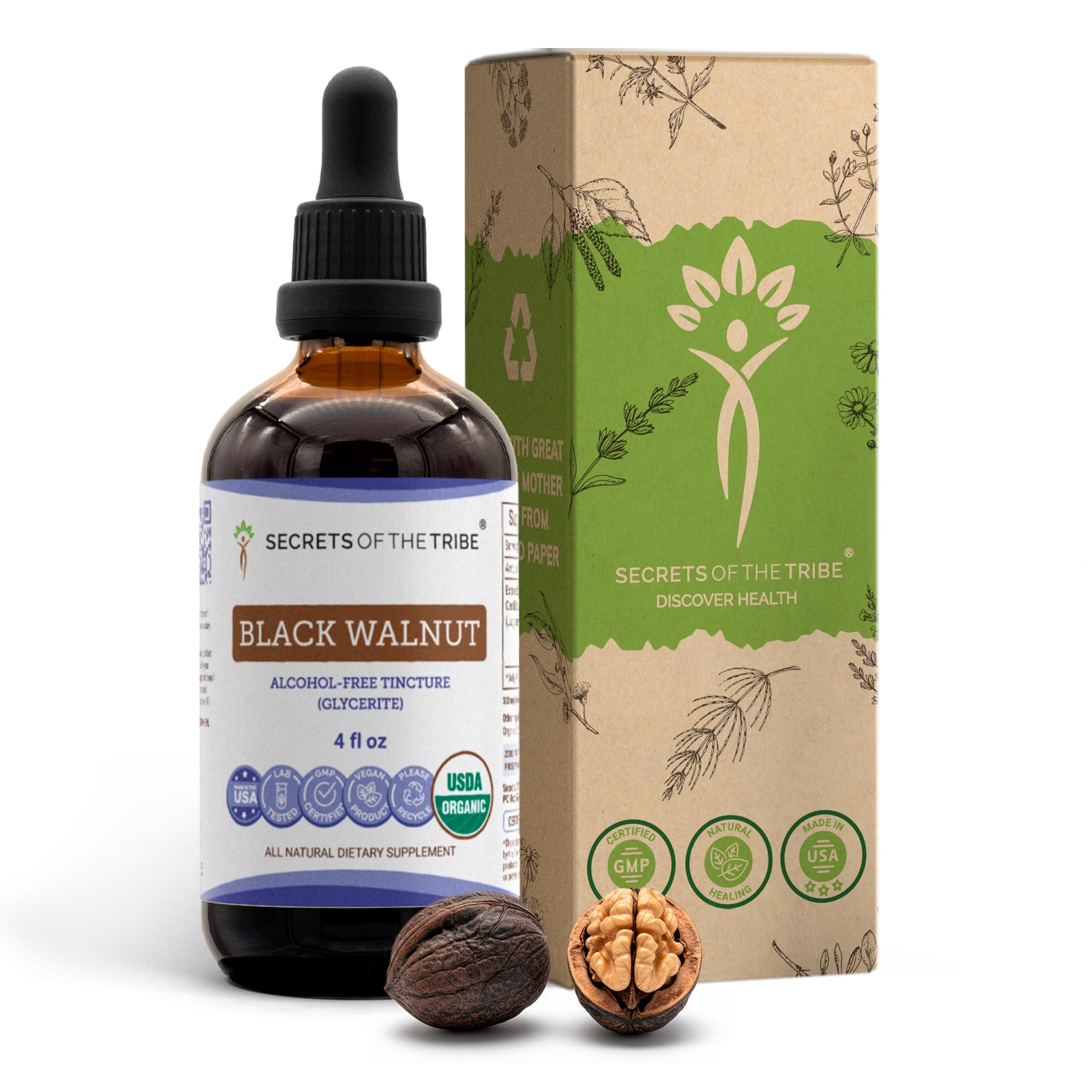 Secrets of the Tribe Black Walnut USDA Organic | Alcohol-Free Extract, High-Potency Herbal Drops | Made from 100% Certified Organic Black Walnut (Juglans Nigra) Dried Hull 4 oz