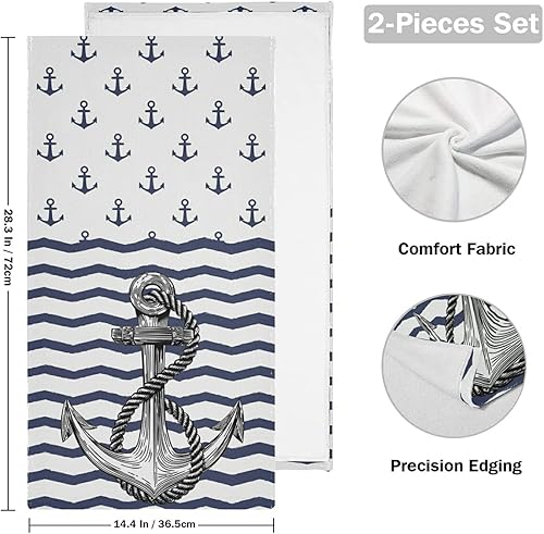 Miniatura 2 de Giwawa Toalla de mano con ancla náutica, 2 toallas de baño transpirables a rayas azul marino, toalla de cara blanca suave y absorbente, toalla de