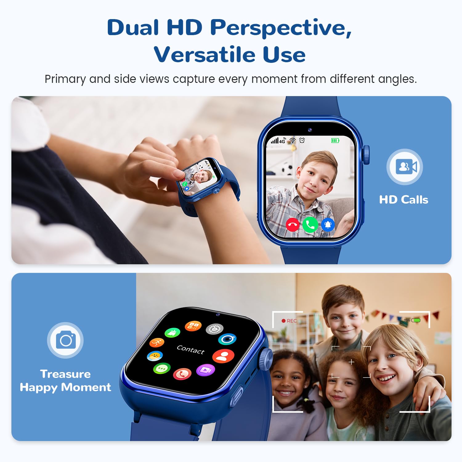 4G Smartwatch Bambini, IP68 Orologio Smartwatch Bambini con GPS, Doppia Fotocamera, Videochiamate, Chiamate, Chat Vocale, SOS, Modalità Scuola, Torcia, Contapassi Smart Watch per Ragazzi e Ragazze Blu