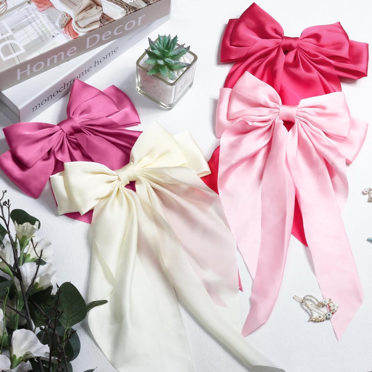Custom Hair Bows with Embroidered Name,Silky Satin Hair Bows for Women Girls,Ribbon Bows for Hair, Big Bow Hair Clips with Long Tail,Cute Hair Accessories Gifts,Wedding Bridesmaid Gift (10pcs)