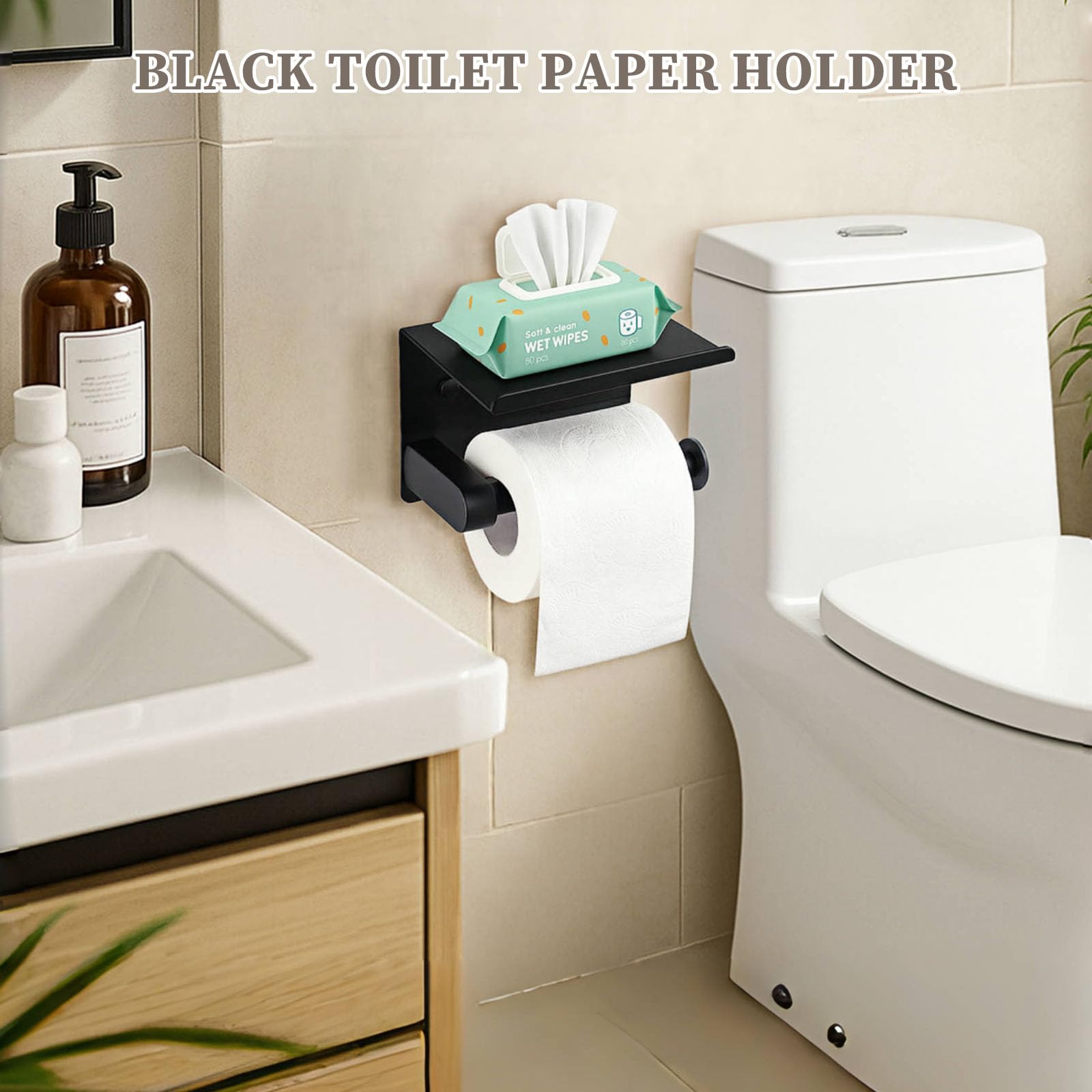 Black Toilet Paper Holder with Shelf - Rustproof Stainless Steel Wall Mount or Self Adhesive Bathroom Tissue Roll Holder - Fits Mega Rolls, for Bathroom, Washroom, Kitchen & RV Decor — Amazon image 2