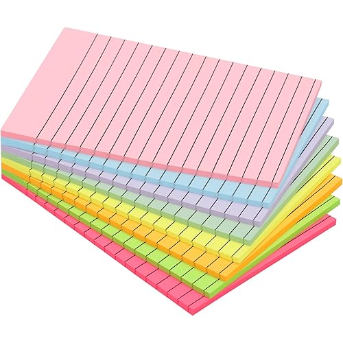 Lined Sticky Notes, 8 Pads, 4x6 inches Bright Sticky Note Pads with Lines, Colorful Self-Stick Note Pads, Perfect for Office Home School Desk Accessories, 35 Sheets/pad - Vibrant Colors