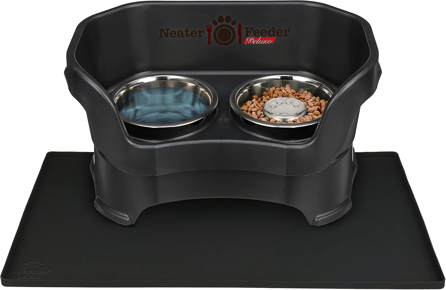 Neater Pets Neater Feeder Deluxe Mess-Proof Slow Feed Bowl & Water Bowl with Neater Mat Waterproof Silicone Mat - Protect Floors from Food & Water, Midnight Black